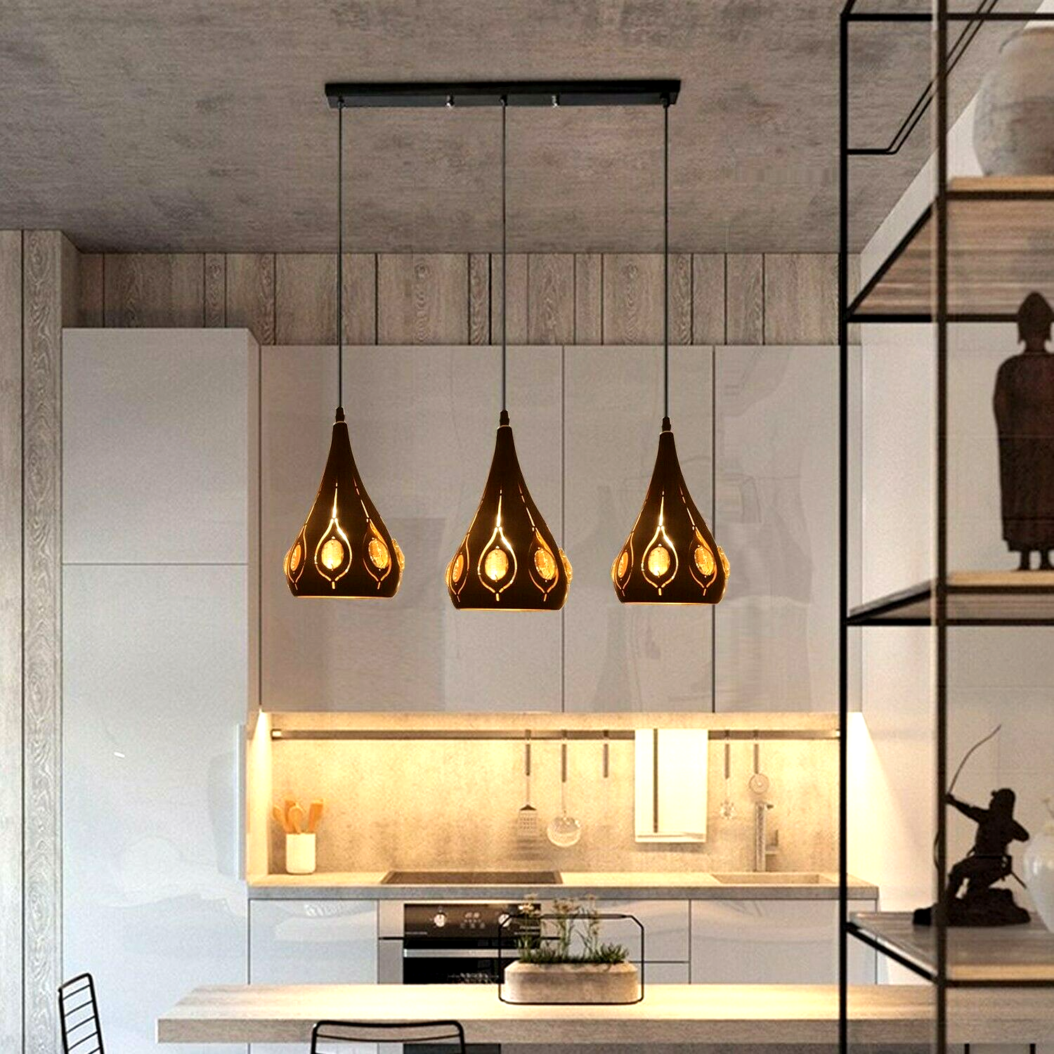 Modern Retro Industrial Crystal Ceiling Light with black shade and three adjustable heads, perfect for home decor.