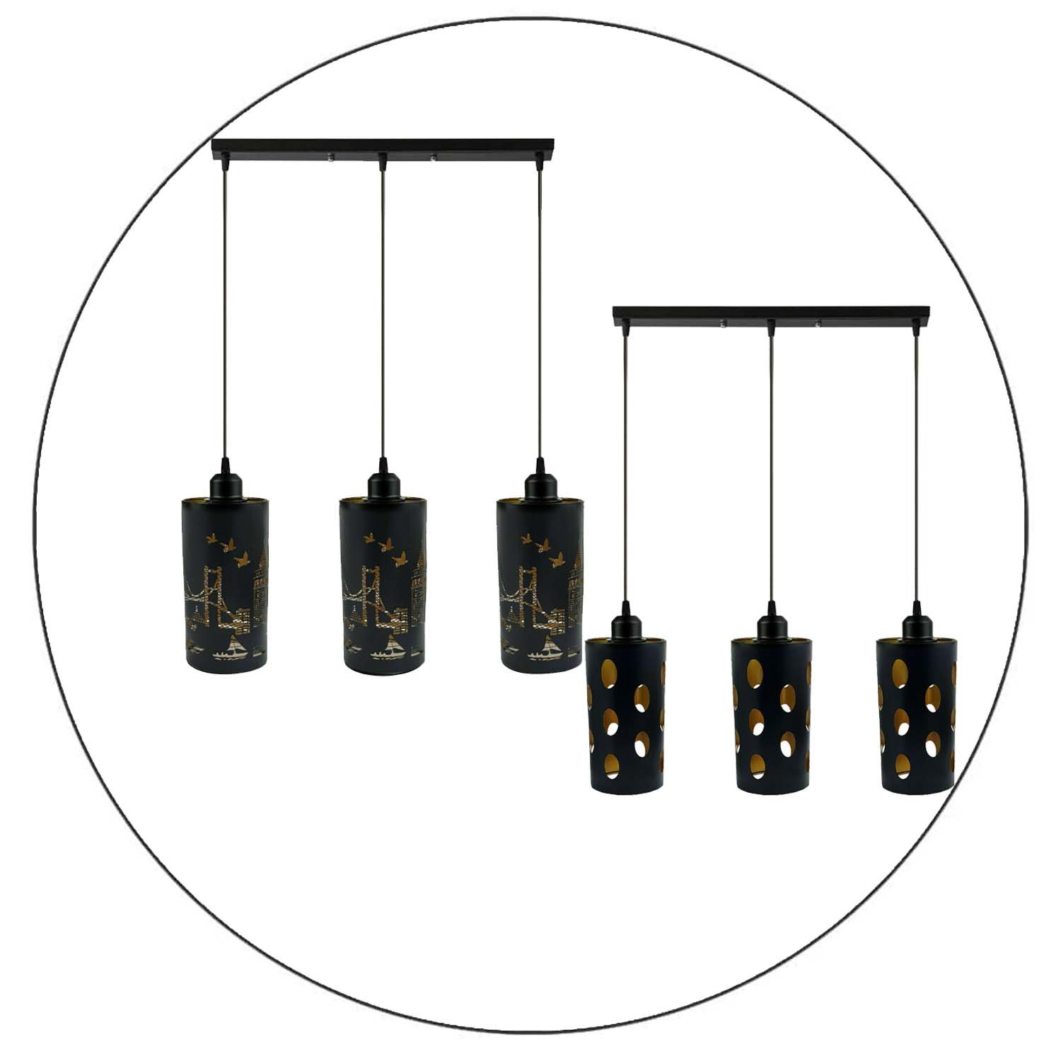 Modern Retro Style 3 Way Pendant Light Shade featuring three light holders and decorative cages in black color.