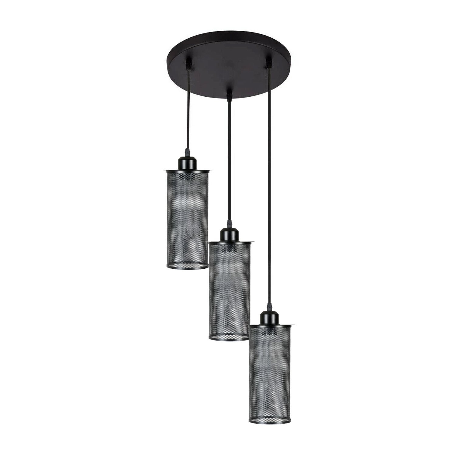 Modern Vintage Industrial Retro Loft Cluster Ceiling Lamp Shade in black metal with perforated design, showcasing Edison-style bulbs.