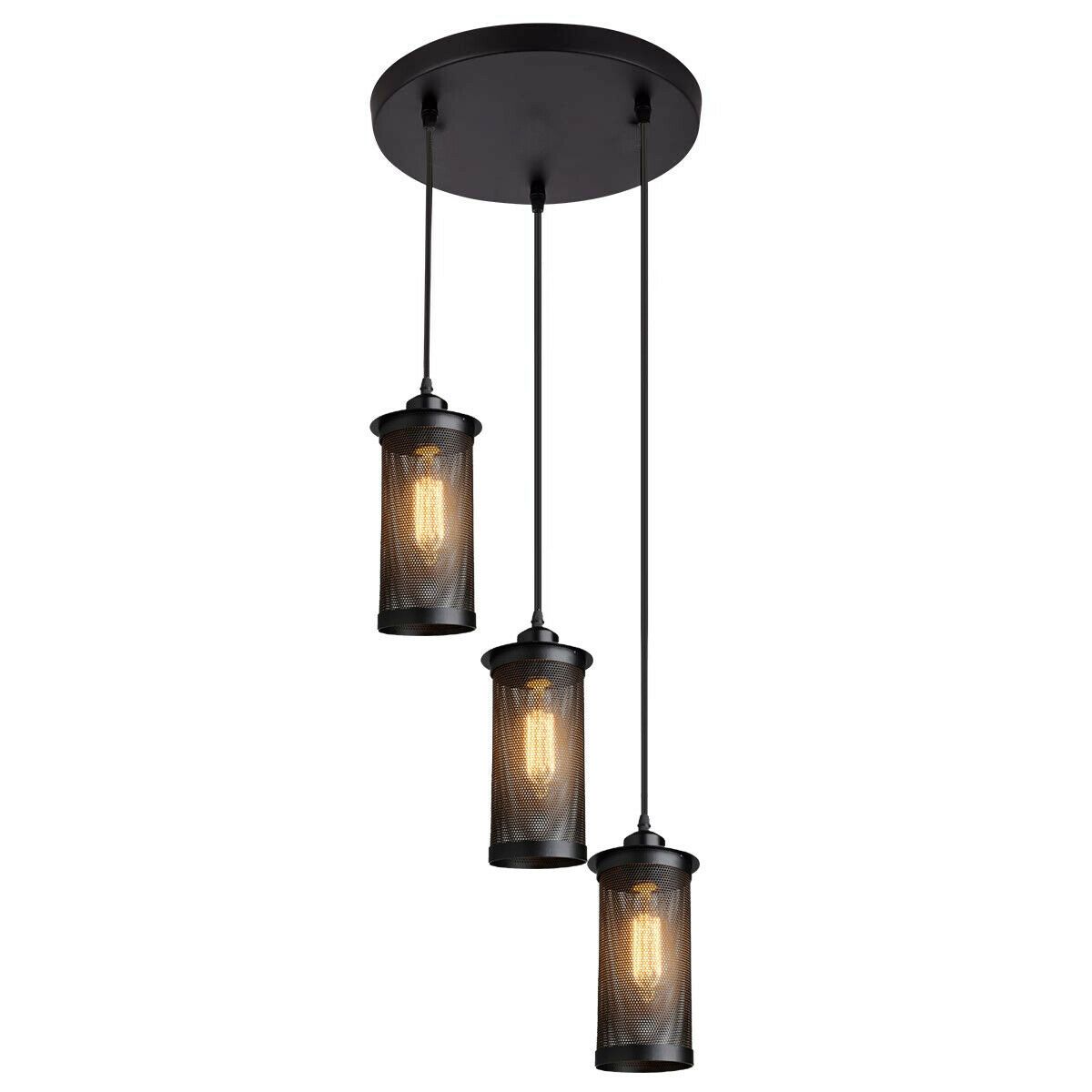 Modern Vintage Industrial Retro Loft Cluster Ceiling Lamp Shade in black metal with perforated design, showcasing Edison-style bulbs.