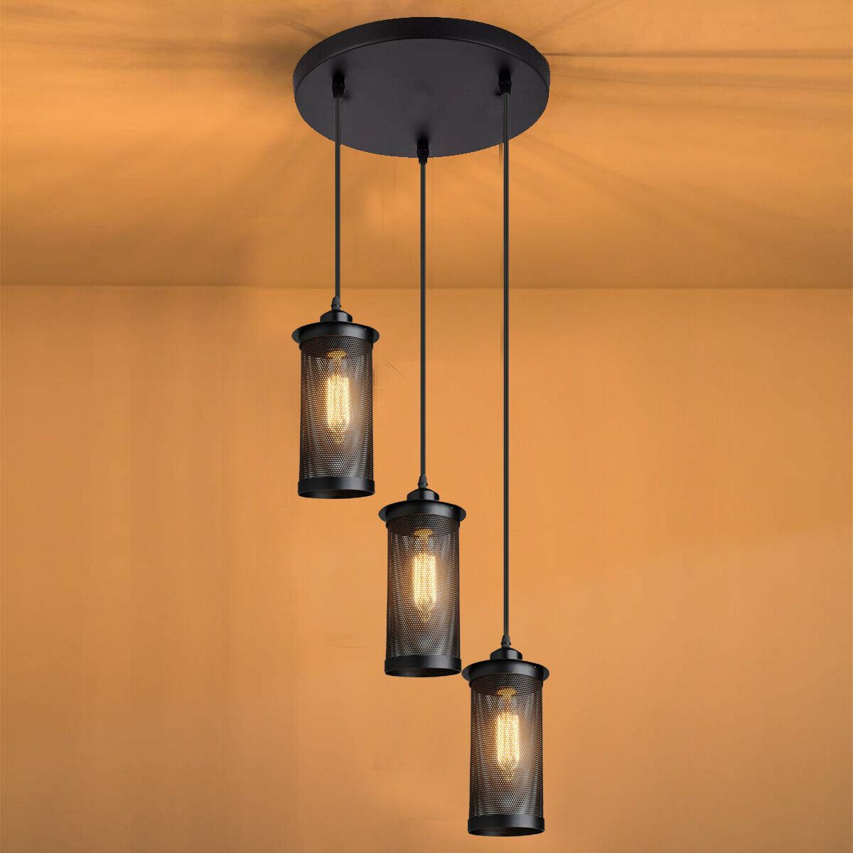 Modern Vintage Industrial Retro Loft Cluster Ceiling Lamp Shade in black metal with perforated design, showcasing Edison-style bulbs.