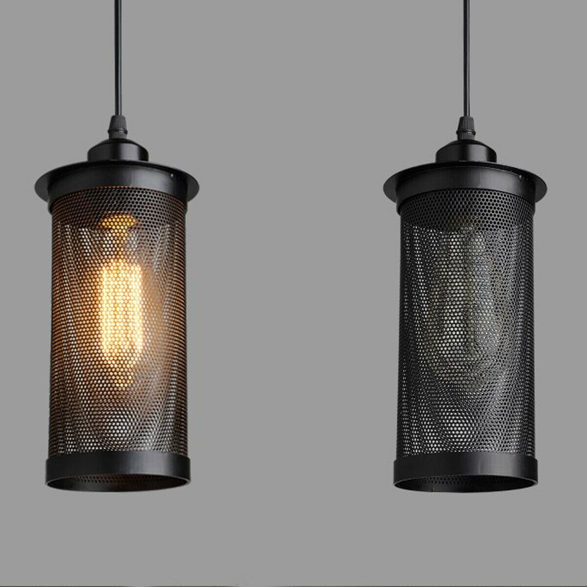 Modern Vintage Industrial Retro Loft Cluster Ceiling Lamp Shade in black metal with perforated design, showcasing Edison-style bulbs.