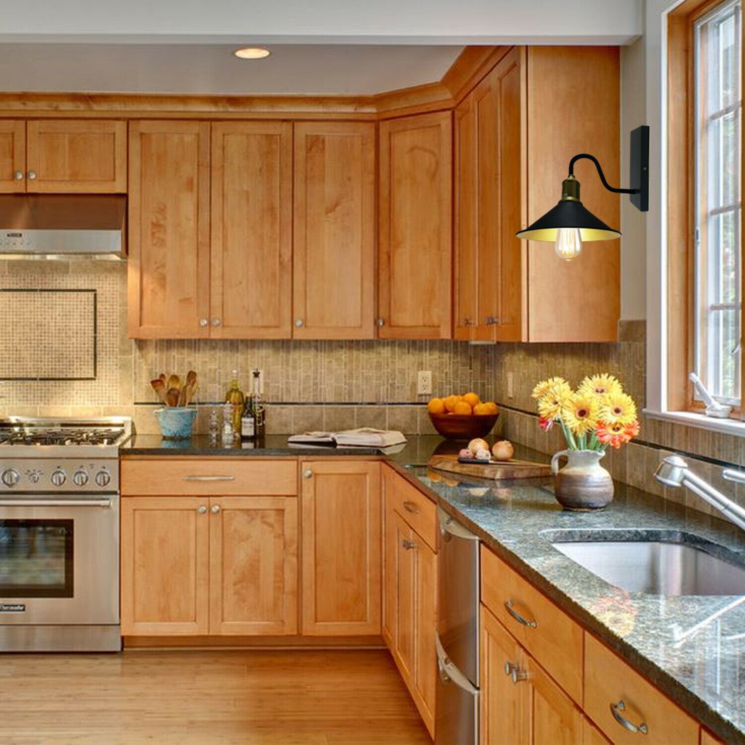 Modern Vintage Retro Industrial Rustic Sconce Wall Light with black lampshade and greenish inner, perfect for home decor.