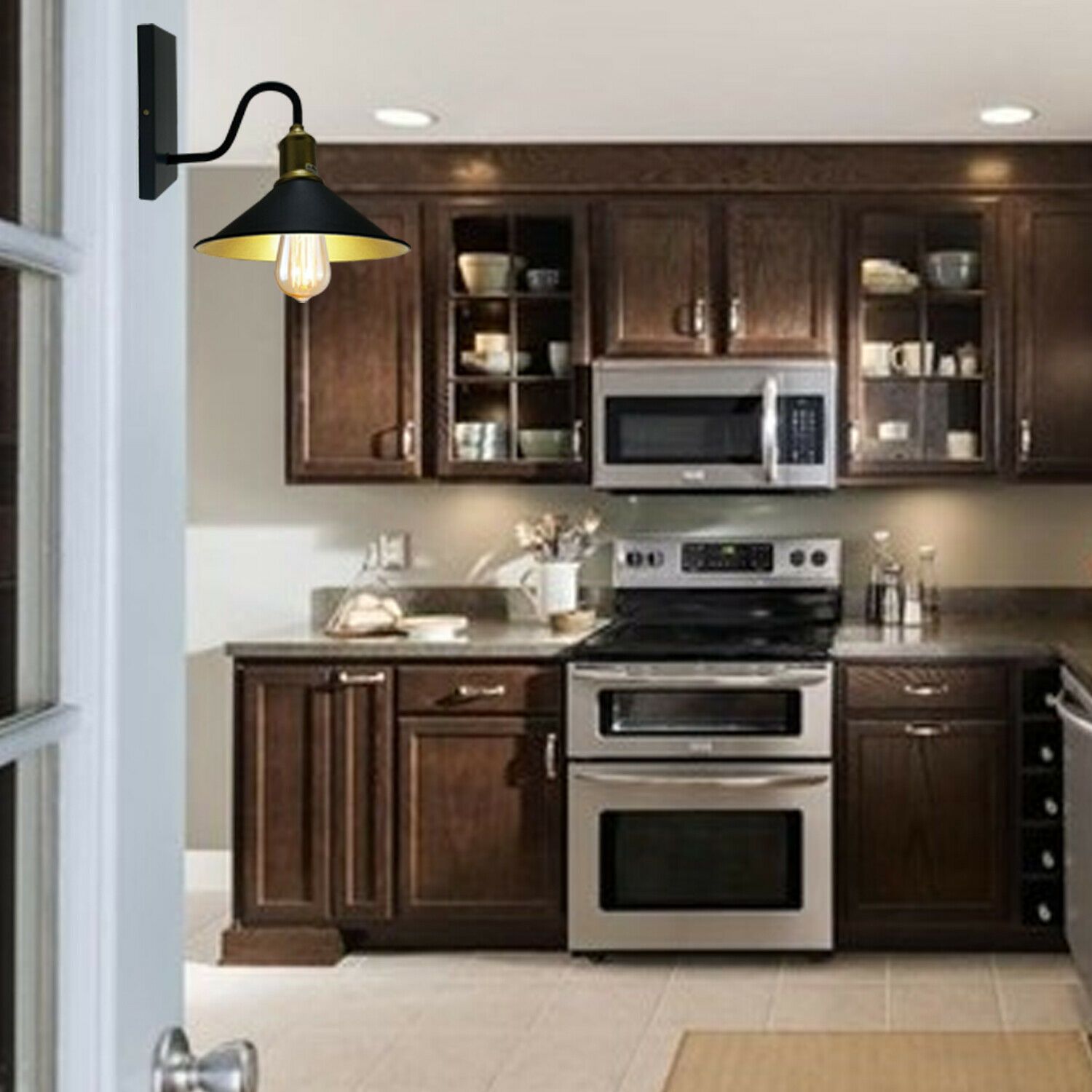 Modern Vintage Retro Industrial Rustic Sconce Wall Light with black lampshade and greenish inner, perfect for home decor.