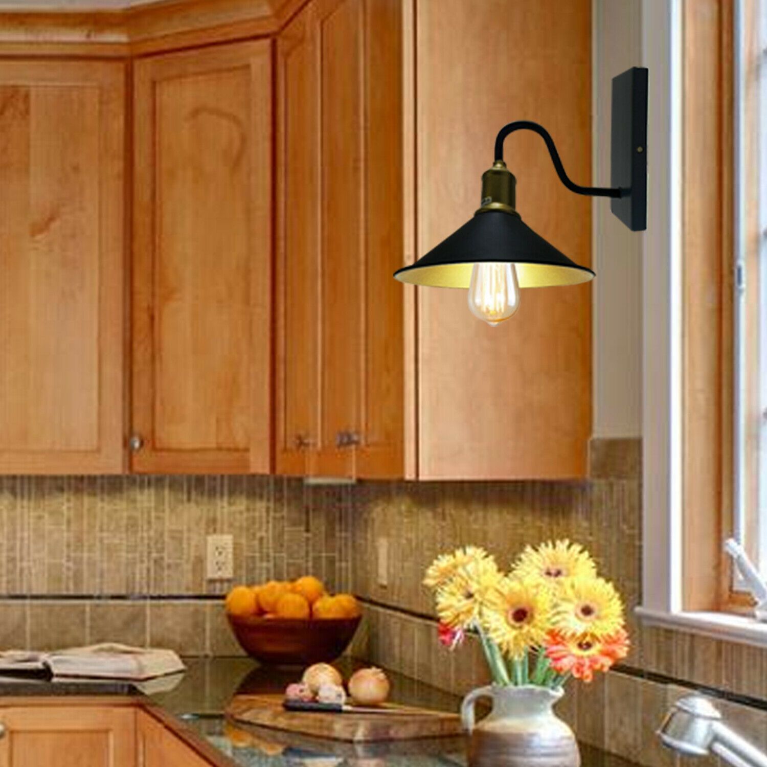 Modern Vintage Retro Industrial Rustic Sconce Wall Light with black lampshade and greenish inner, perfect for home decor.