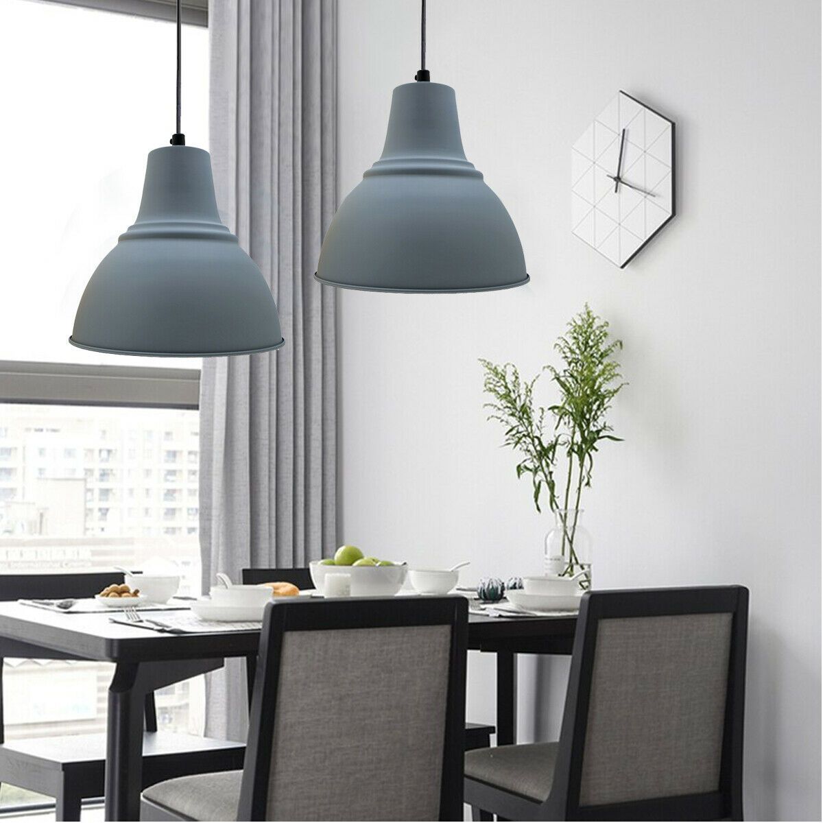 Modern Vintage Style Grey Pendant Lamp with metal lampshade and adjustable cable, perfect for retro industrial decor.
