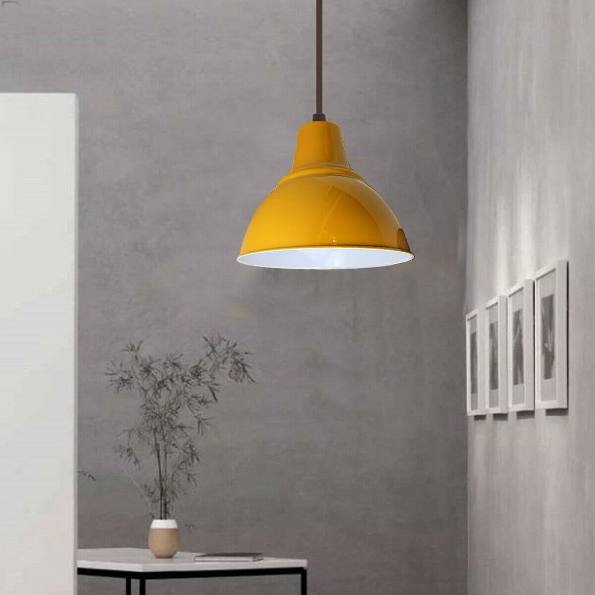 Modern Vintage Style Yellow Pendant Lamp with metal lampshade and adjustable cable, perfect for retro decor.