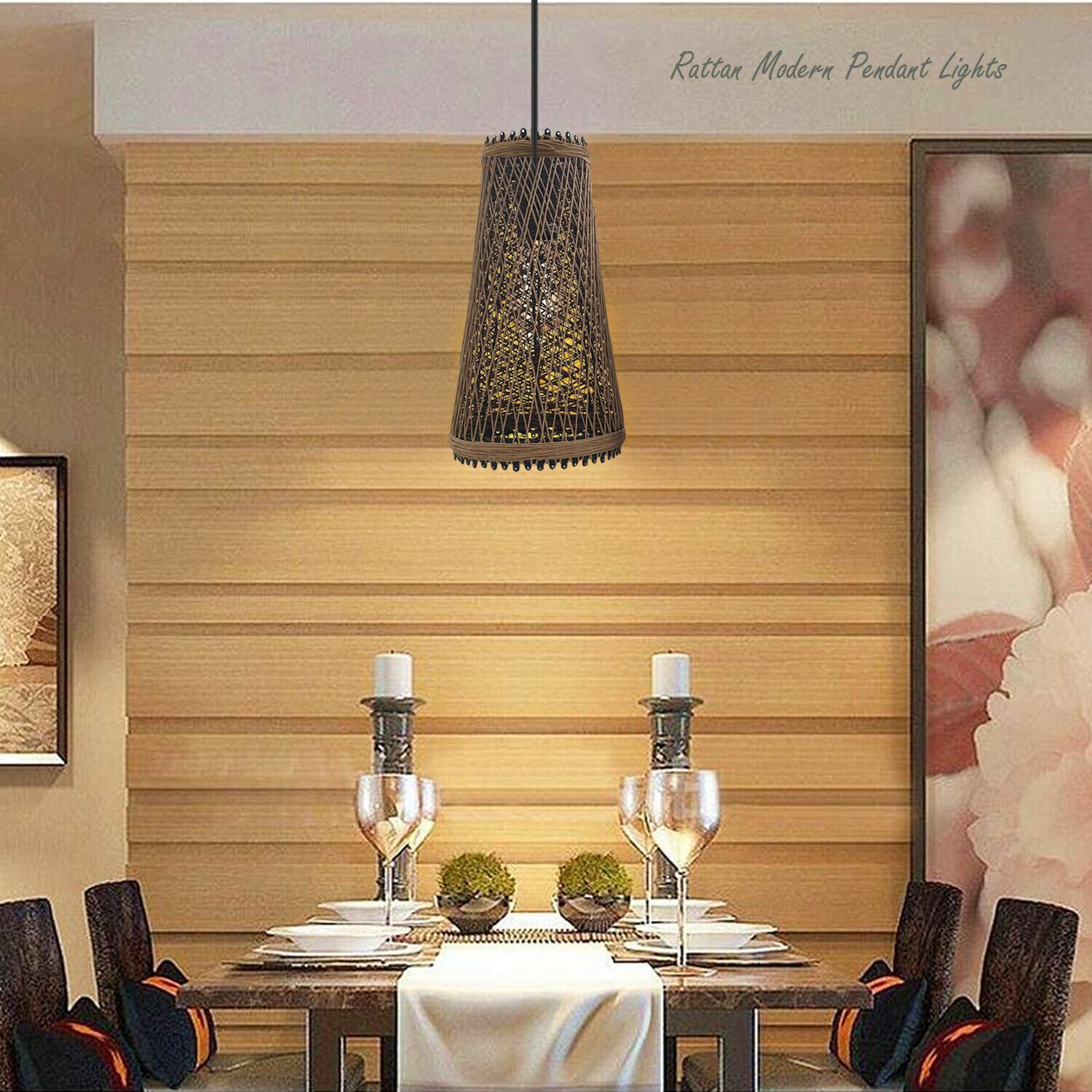 Modern wicker rattan basket style ceiling pendant light shade in brown and black, showcasing its elegant design and warm ambiance.