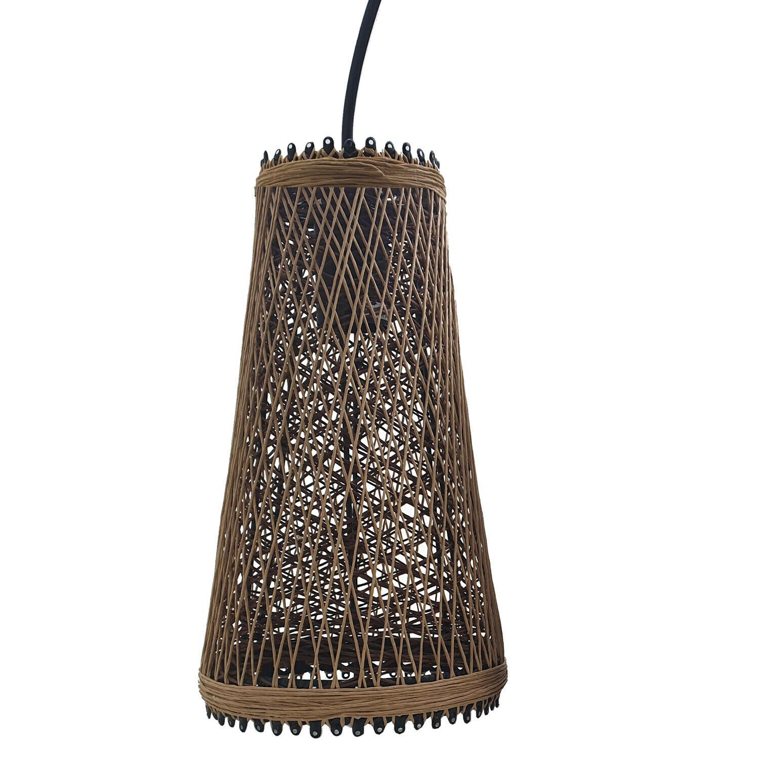 Modern wicker rattan basket style ceiling pendant light shade in brown and black, showcasing its elegant design and warm ambiance.