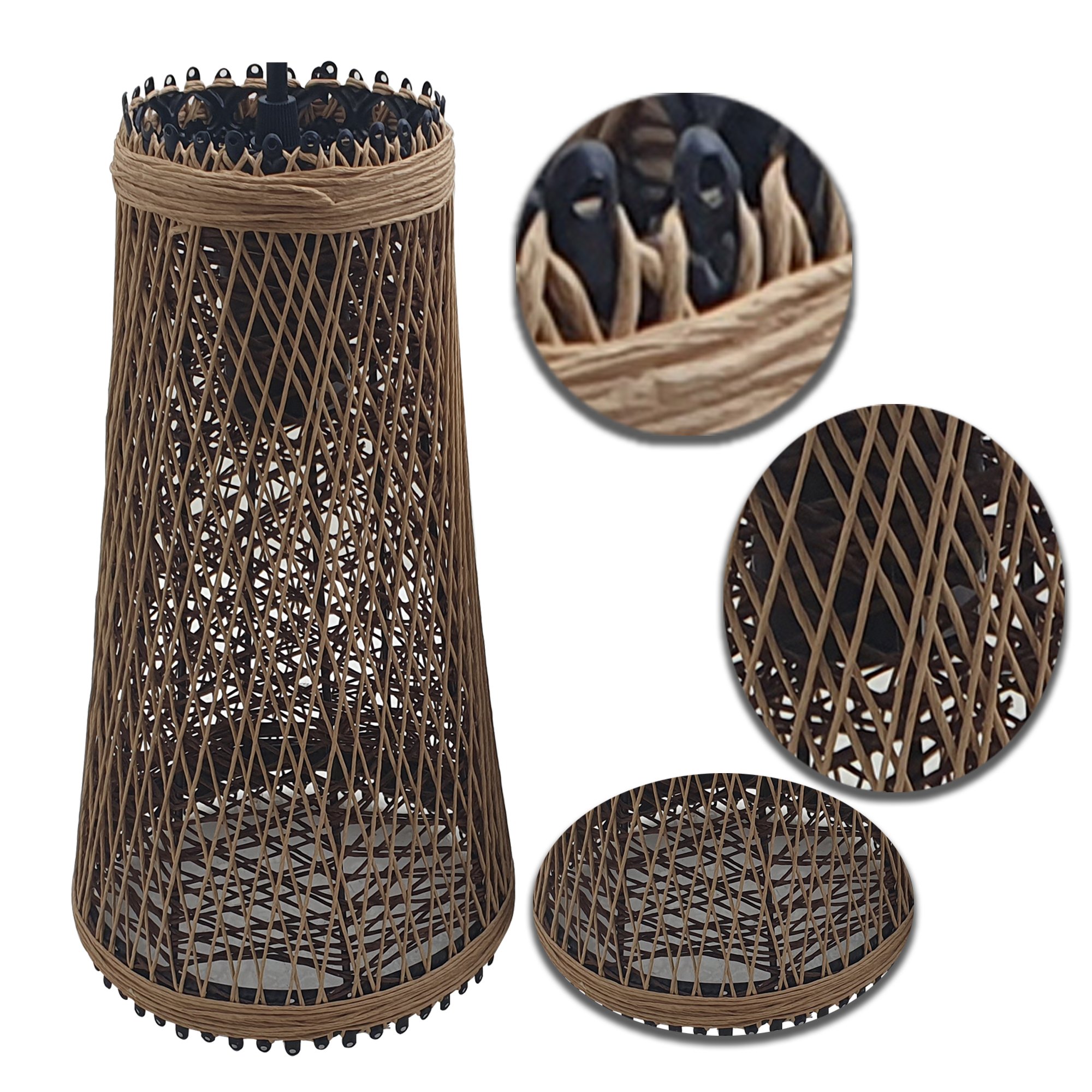 Modern wicker rattan basket style ceiling pendant light shade in brown and black, showcasing its elegant design and warm ambiance.