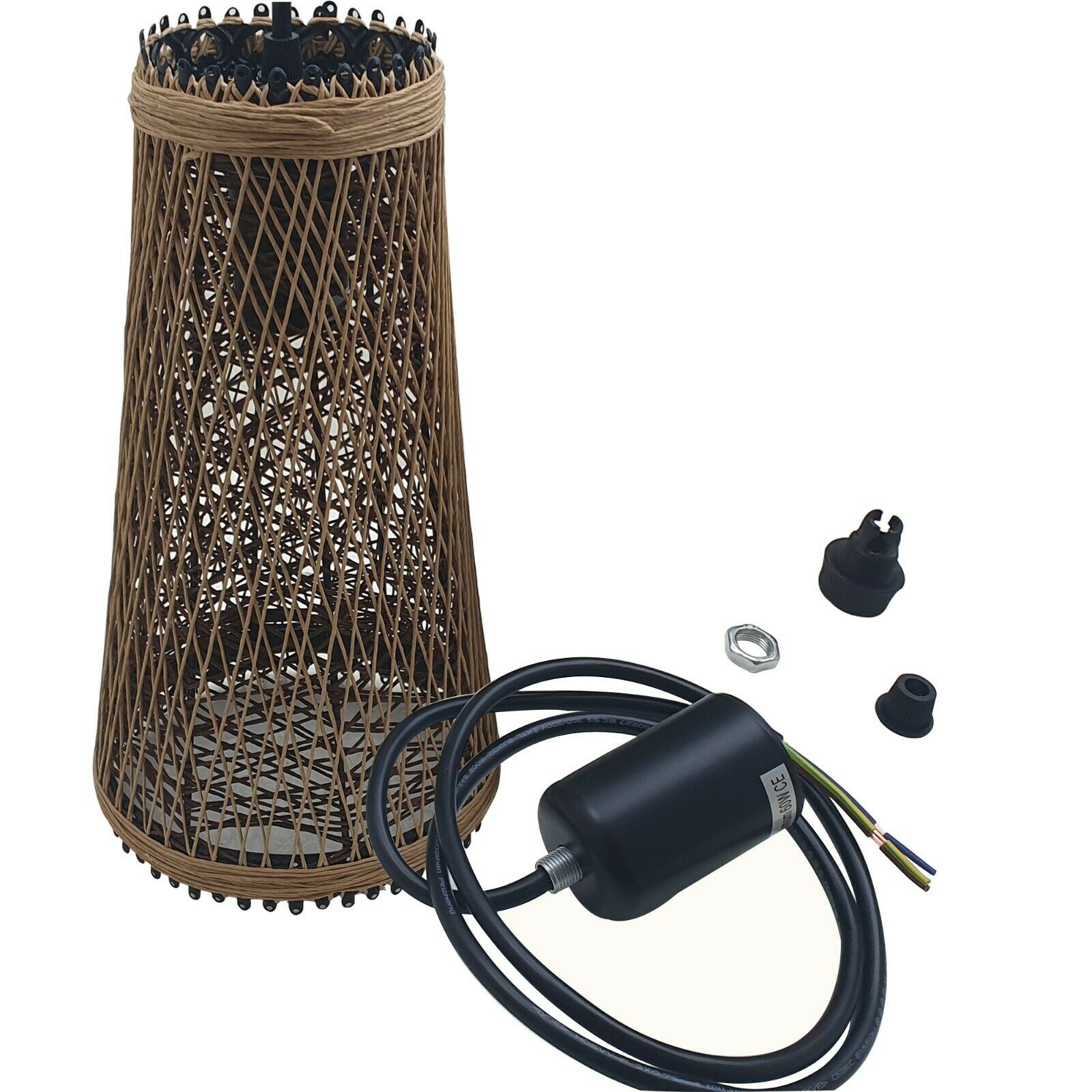 Modern wicker rattan basket style ceiling pendant light shade in brown and black, showcasing its elegant design and warm ambiance.