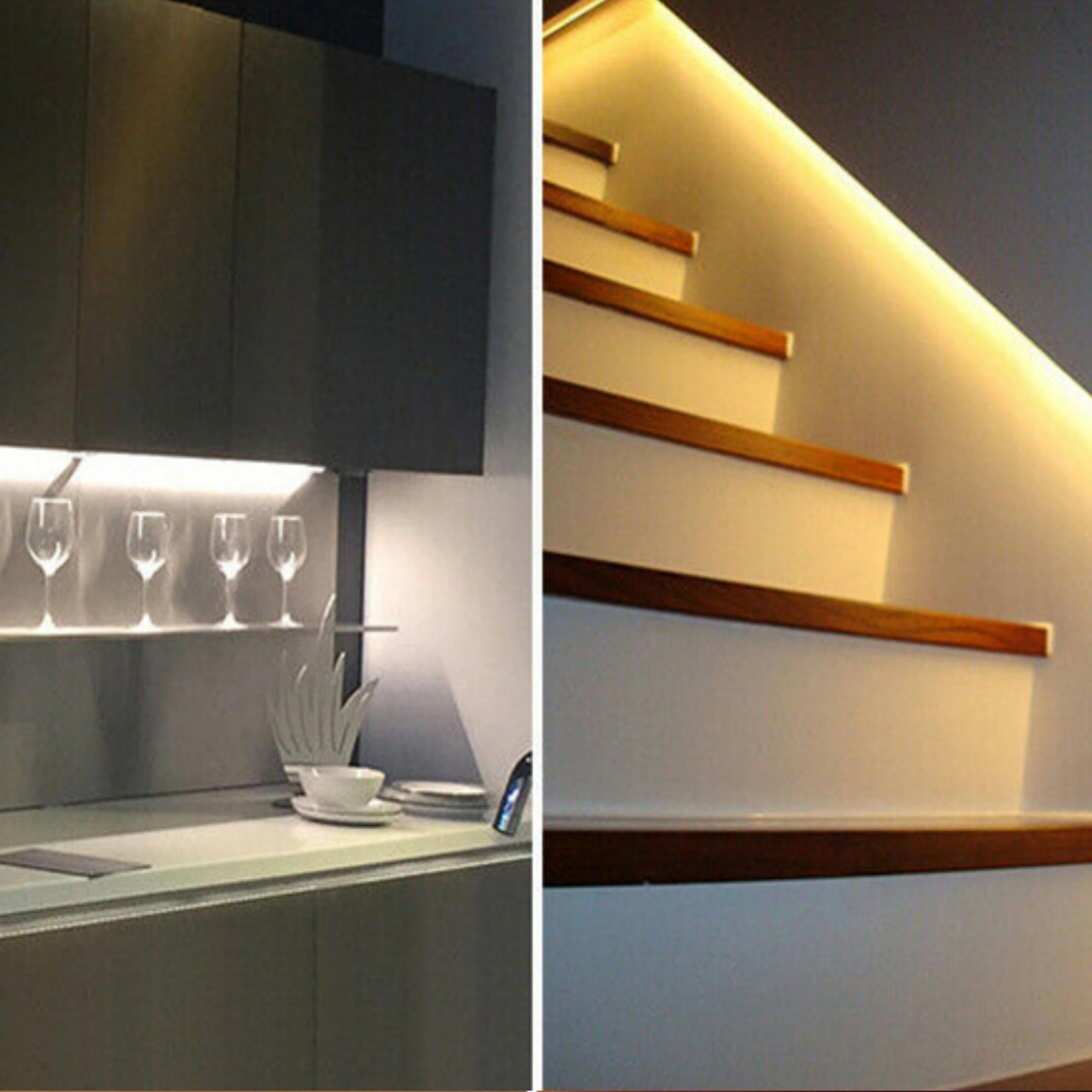 Motion Sensor LED Light Strips installed in a wardrobe, illuminating the interior with bright light.