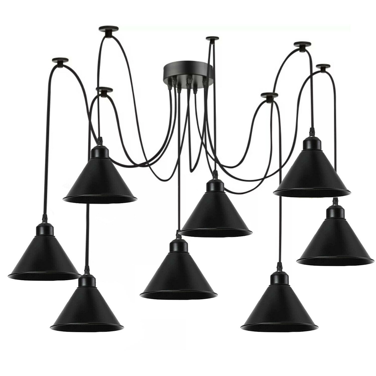 Multi Outlet 8 Way Ceiling Pendant Light showcasing 8 light shades and a black iron finish, ideal for retro-style decor.