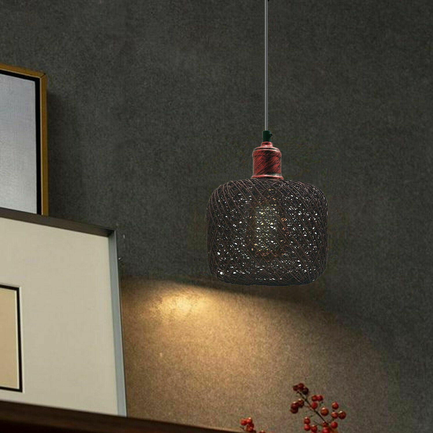 Natural Rattan Wicker Ceiling Pendant Light showcasing a stylish rattan design with a metal base, perfect for home decor.