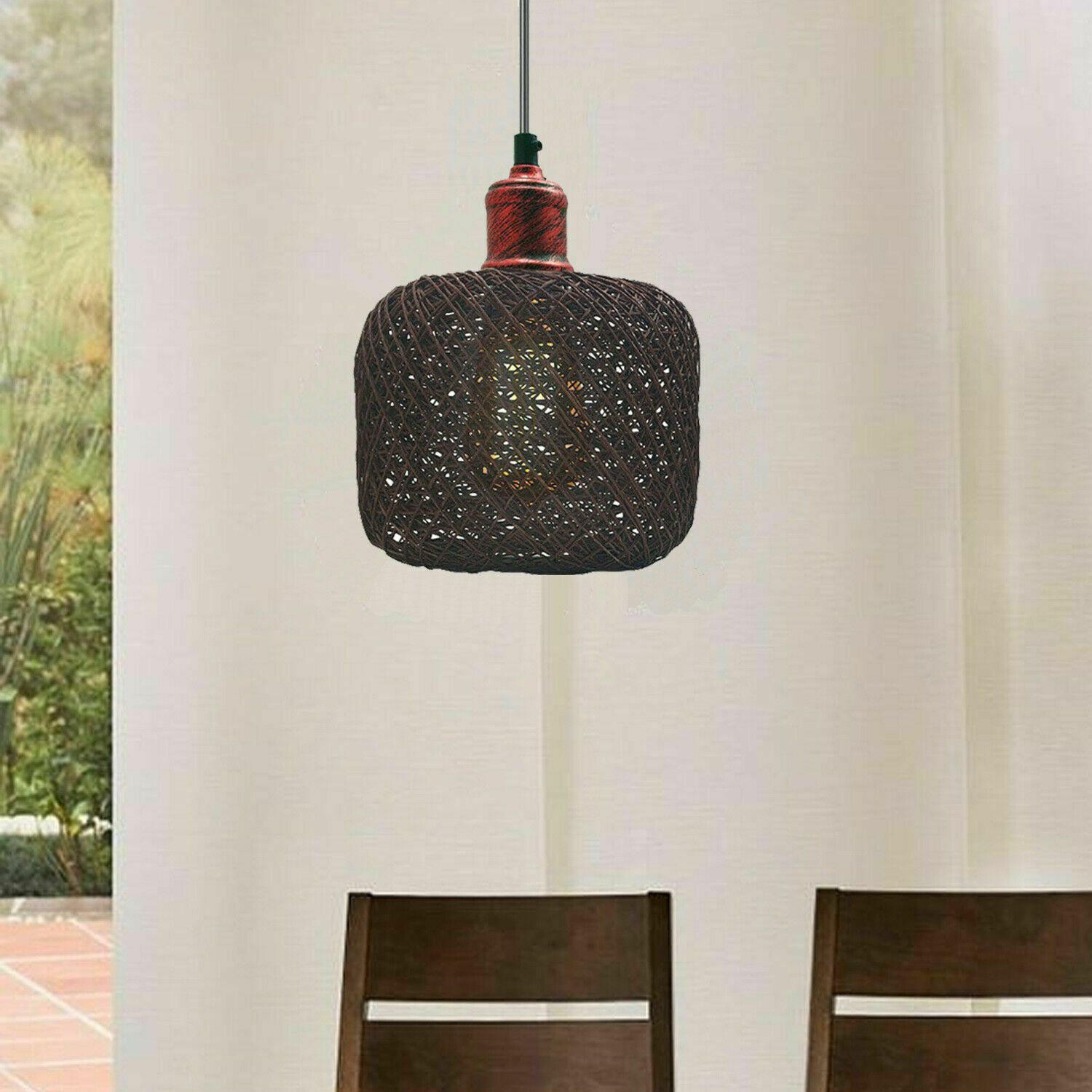 Natural Rattan Wicker Ceiling Pendant Light showcasing a stylish rattan design with a metal base, perfect for home decor.