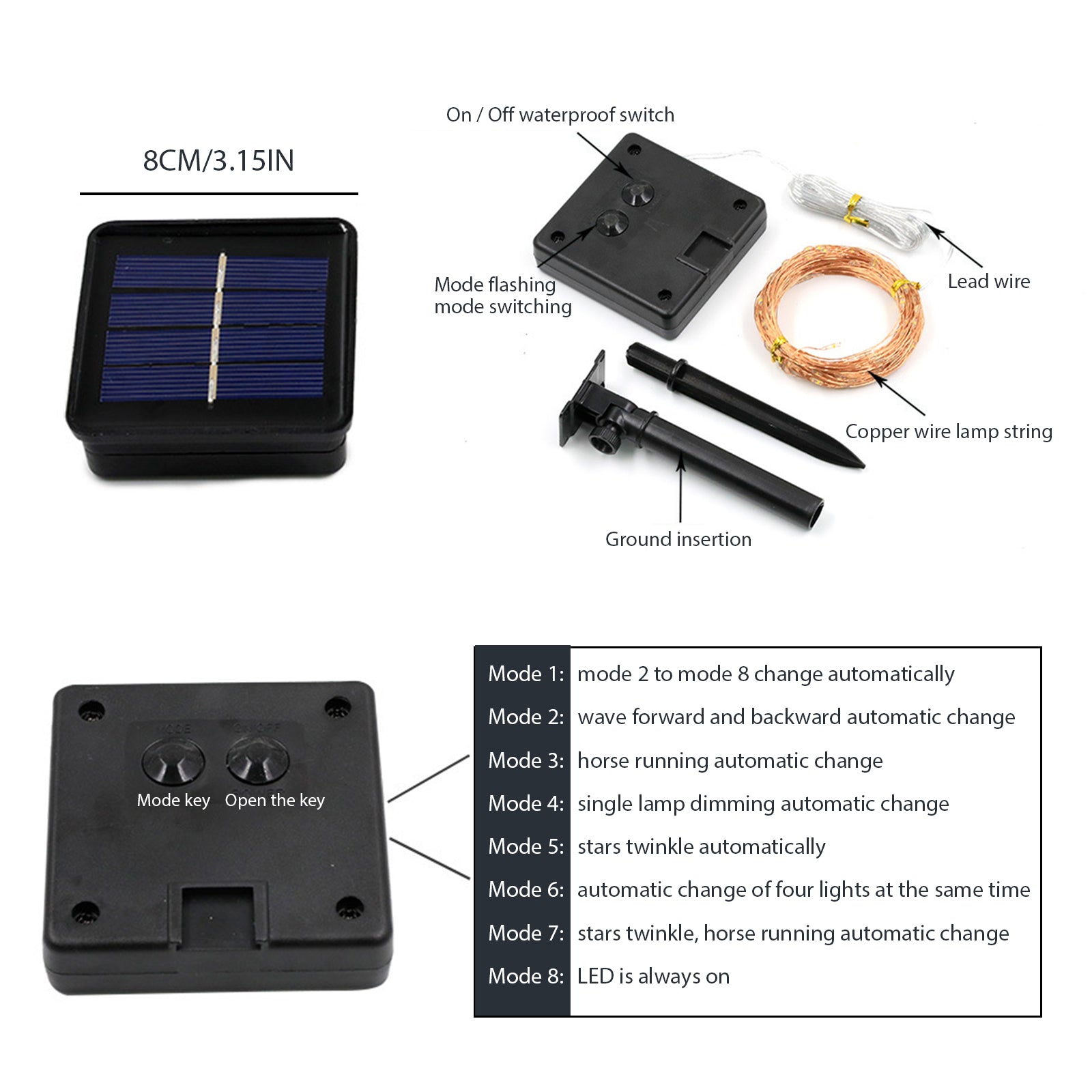 Outdoor Solar Copper Wire Light String Lights with remote control, showcasing flexible copper wire design and vibrant colors.