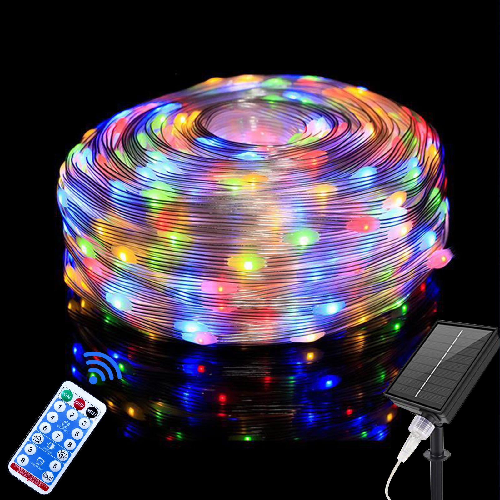 Outdoor Solar Copper Wire Light String Lights with remote control, showcasing flexible copper wire design and vibrant colors.