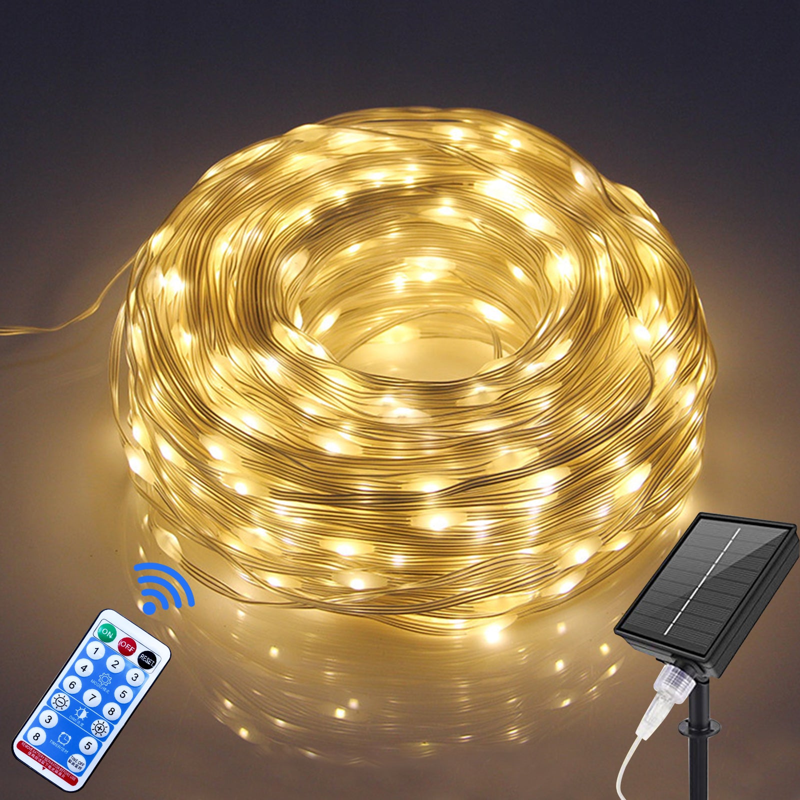Outdoor Solar Copper Wire Light String Lights with remote control, showcasing flexible copper wire design and vibrant colors.