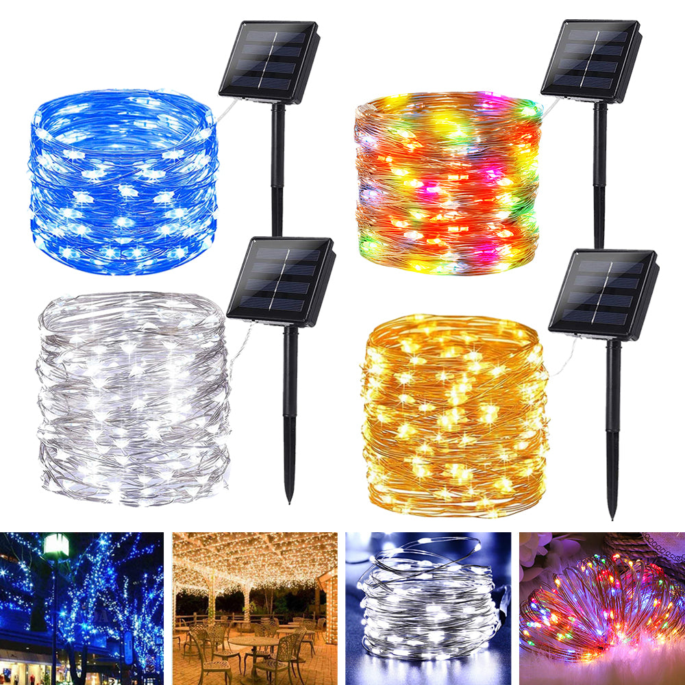 Outdoor Solar Copper Wire Light String Lights with remote control, showcasing flexible copper wire design and vibrant colors.