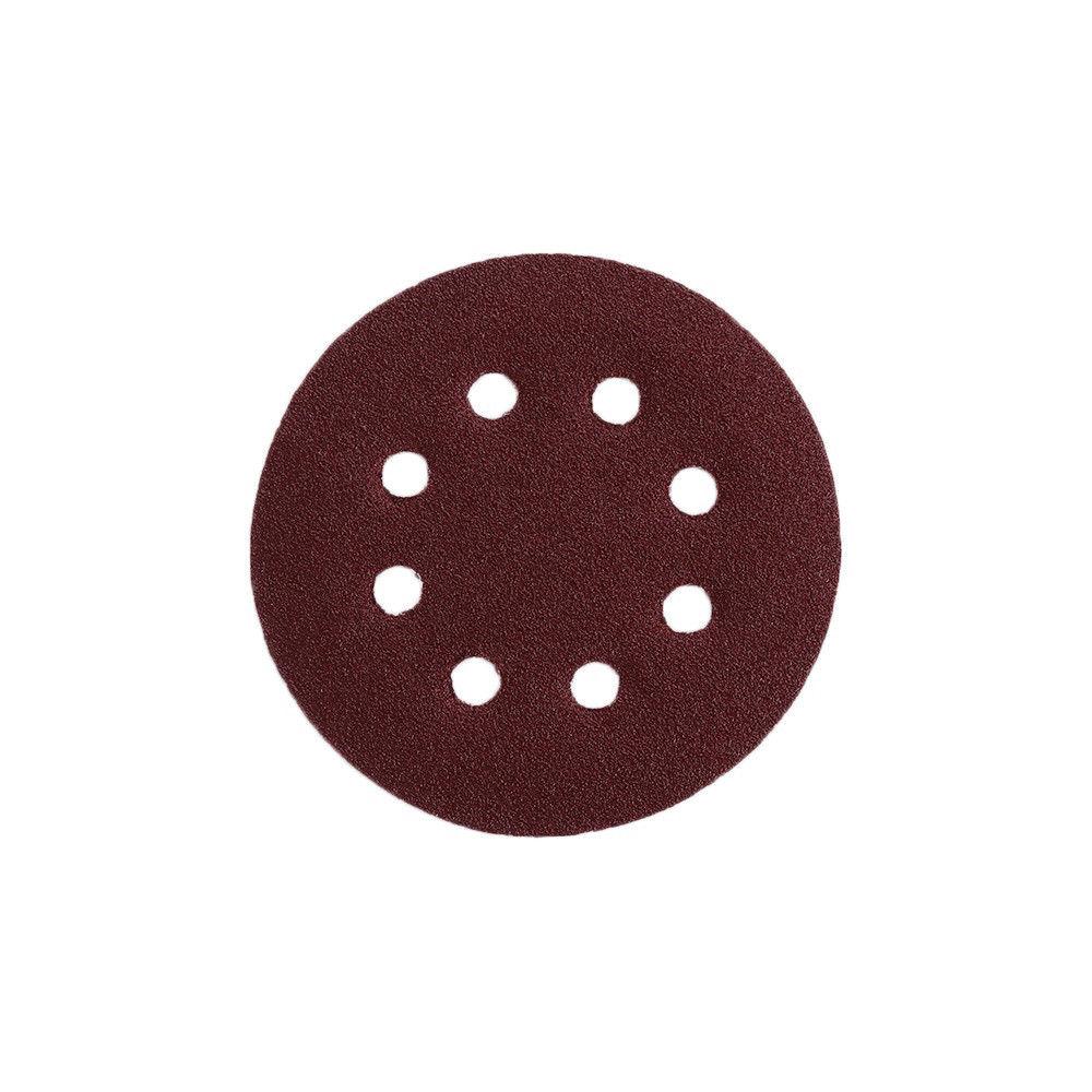 P-180 5 inch 8 Hole Sanding Discs made of aluminum oxide, ideal for polishing metal, wood, and jade, featuring a red color and 8 holes for dust extraction.