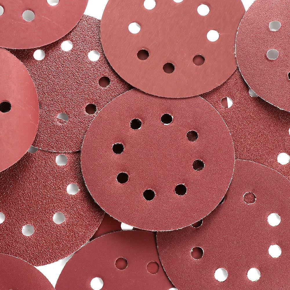 P-180 5 inch 8 Hole Sanding Discs made of aluminum oxide, ideal for polishing metal, wood, and jade, featuring a red color and 8 holes for dust extraction.