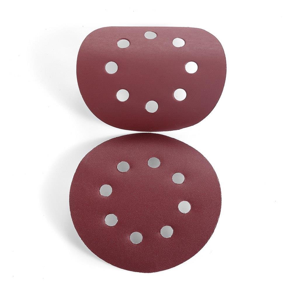 P-180 5 inch 8 Hole Sanding Discs made of aluminum oxide, ideal for polishing metal, wood, and jade, featuring a red color and 8 holes for dust extraction.