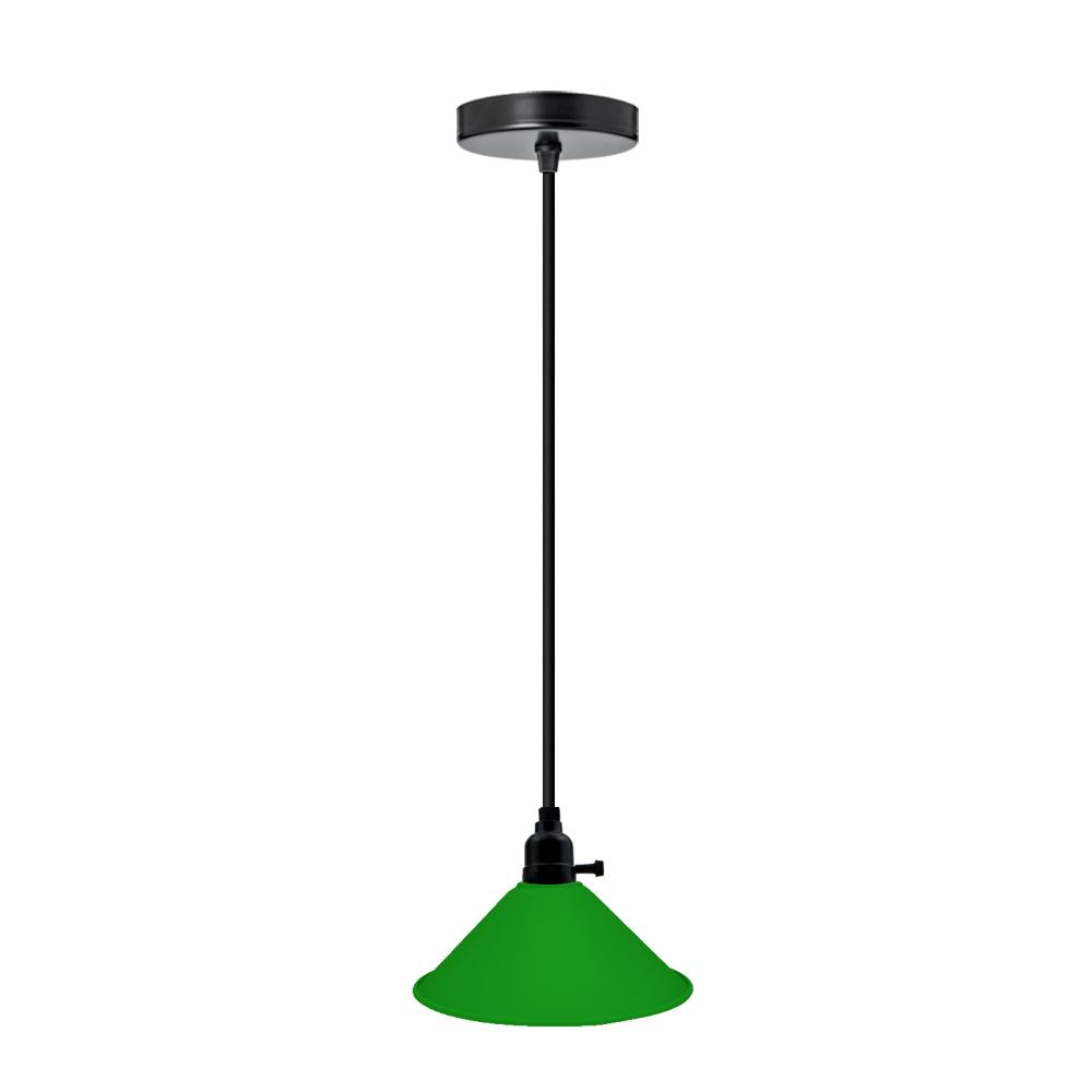 Modern green pendant light with black fabric wire and ceiling canopy, showcasing vintage charm and industrial design.