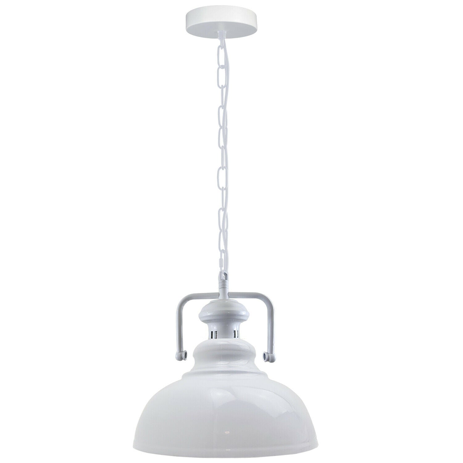 Stylish white metal barn pendant light with adjustable chain, perfect for indoor lighting.