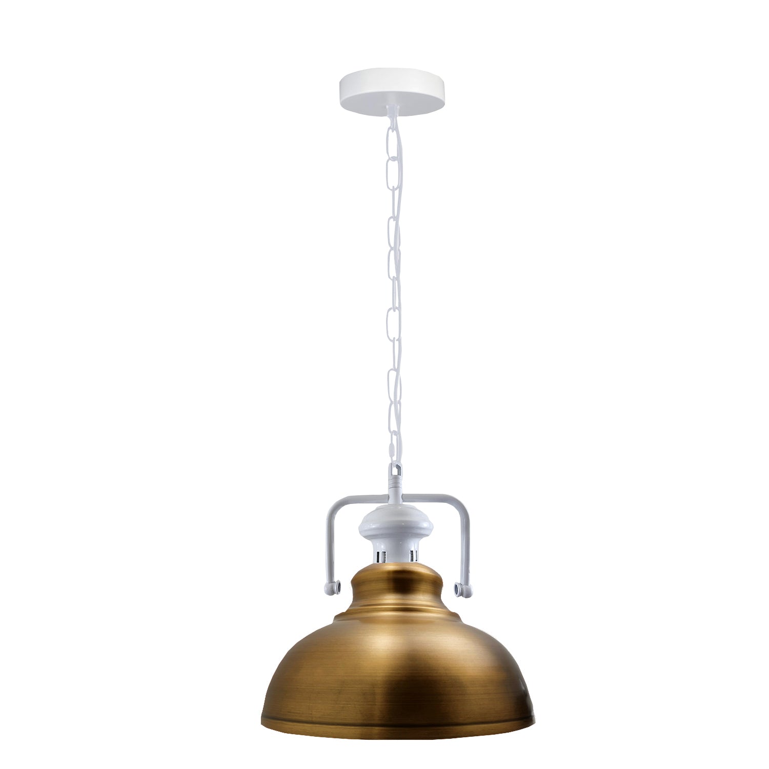 Stylish white metal barn pendant light with adjustable chain, perfect for indoor lighting.