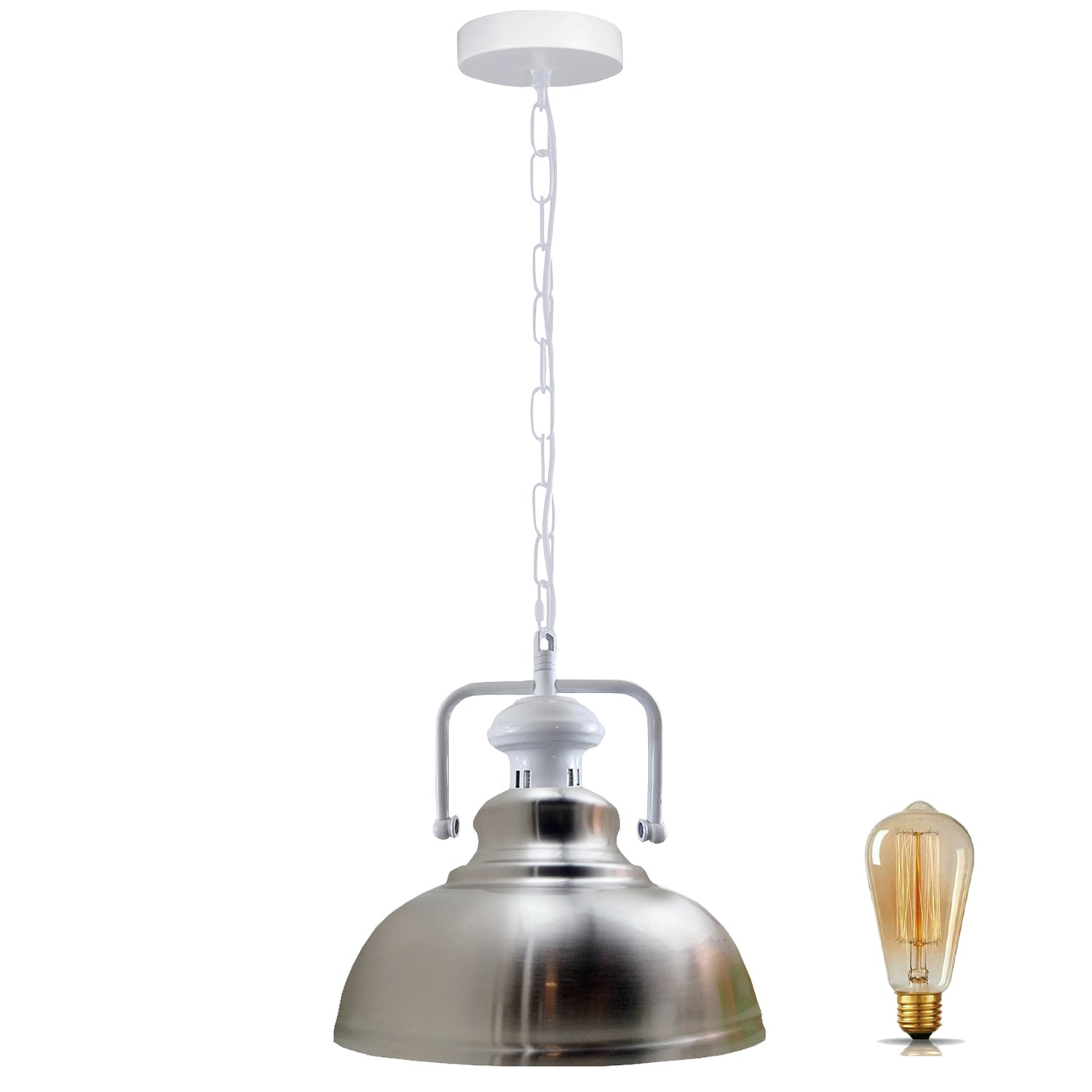 Stylish white metal barn pendant light with adjustable chain, perfect for indoor lighting.