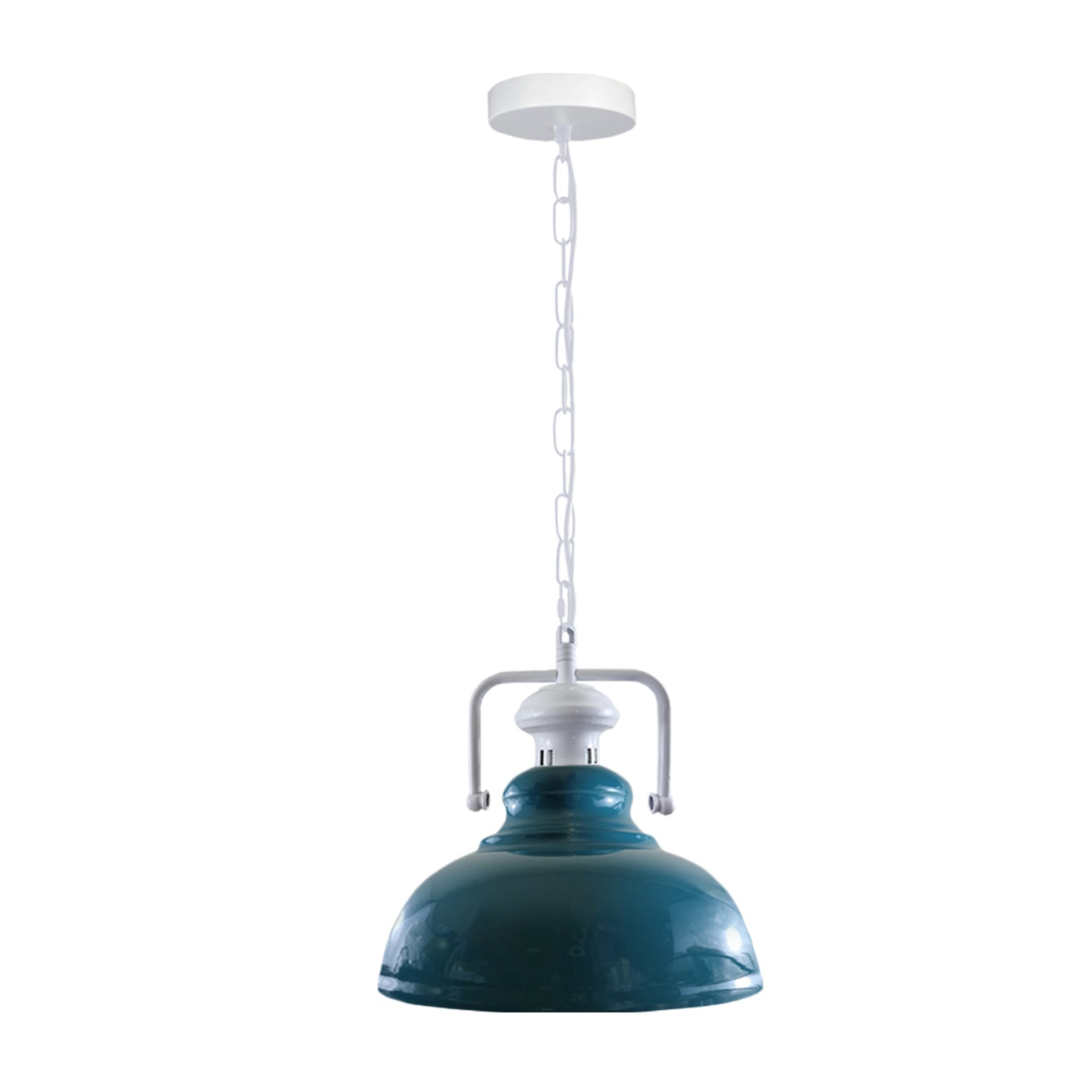 Stylish white metal barn pendant light with adjustable chain, perfect for indoor lighting.