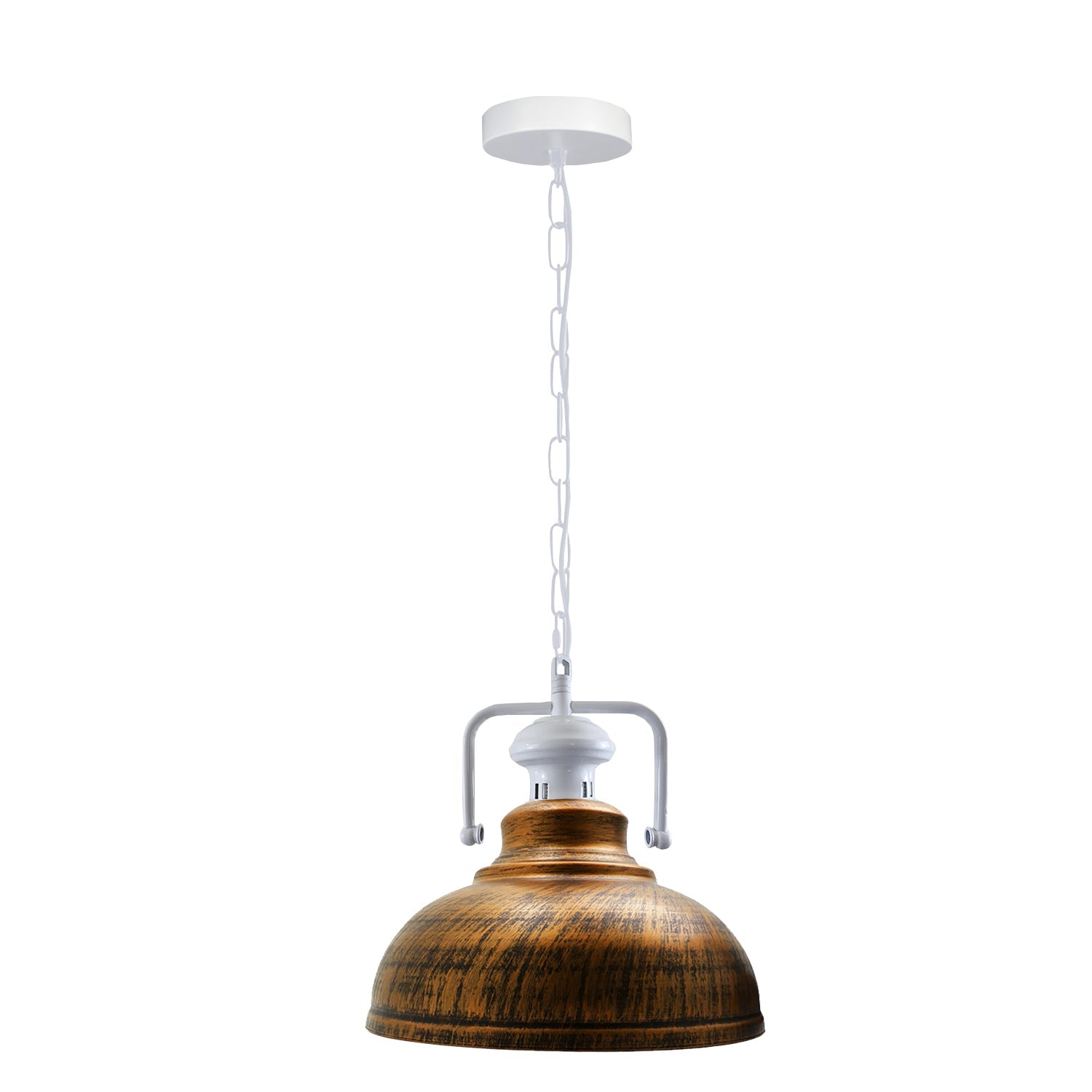 Stylish white metal barn pendant light with adjustable chain, perfect for indoor lighting.