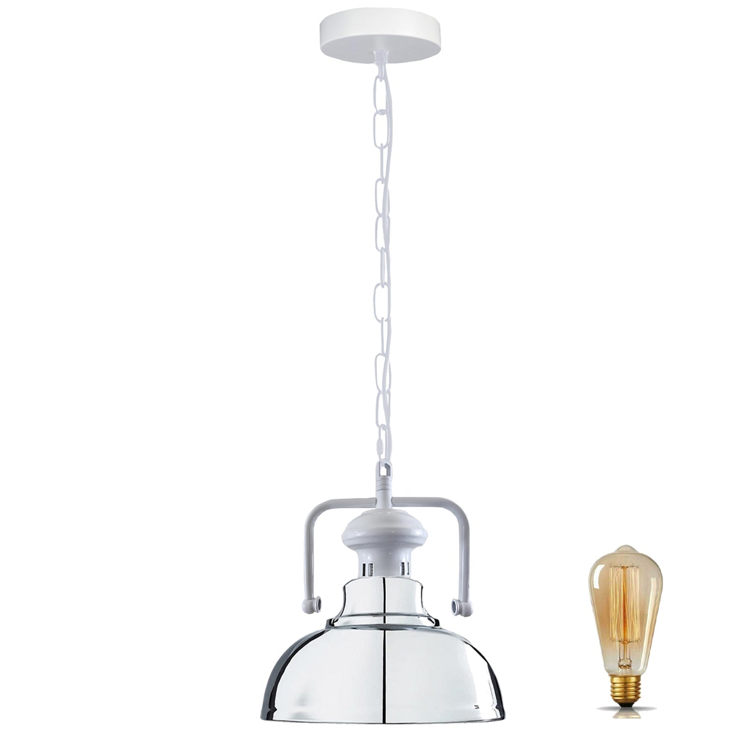 Stylish white metal barn pendant light with adjustable chain, perfect for indoor lighting.