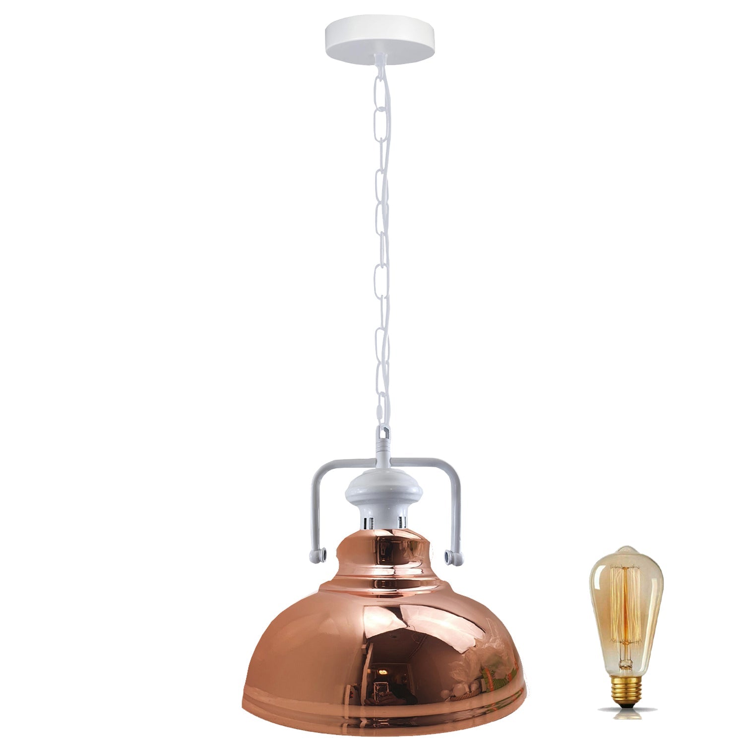 Stylish white metal barn pendant light with adjustable chain, perfect for indoor lighting.