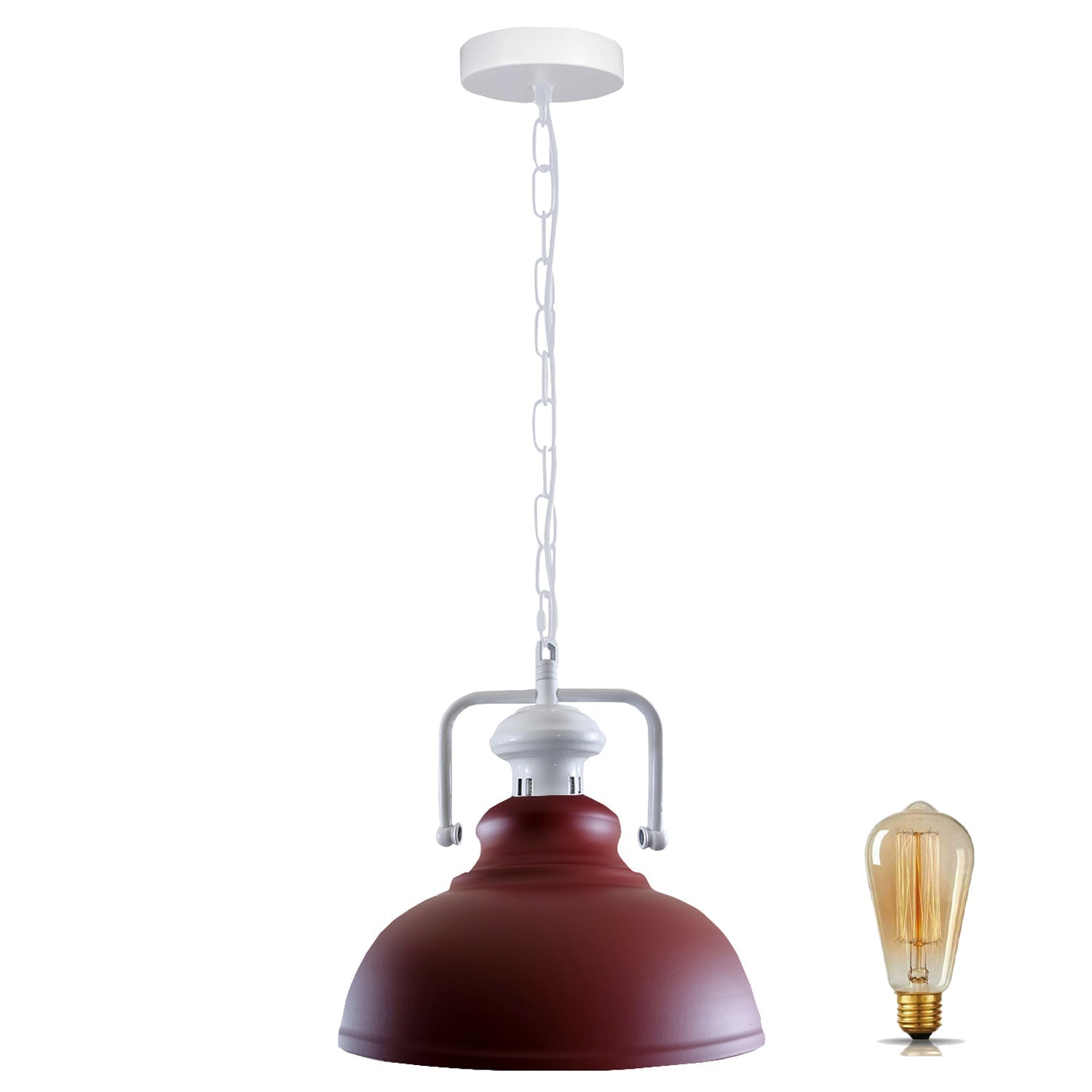 Stylish white metal barn pendant light with adjustable chain, perfect for indoor lighting.