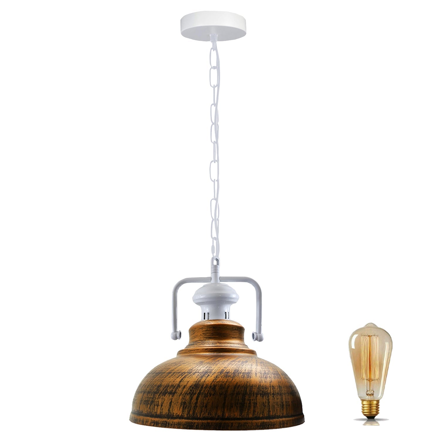 Stylish white metal barn pendant light with adjustable chain, perfect for indoor lighting.