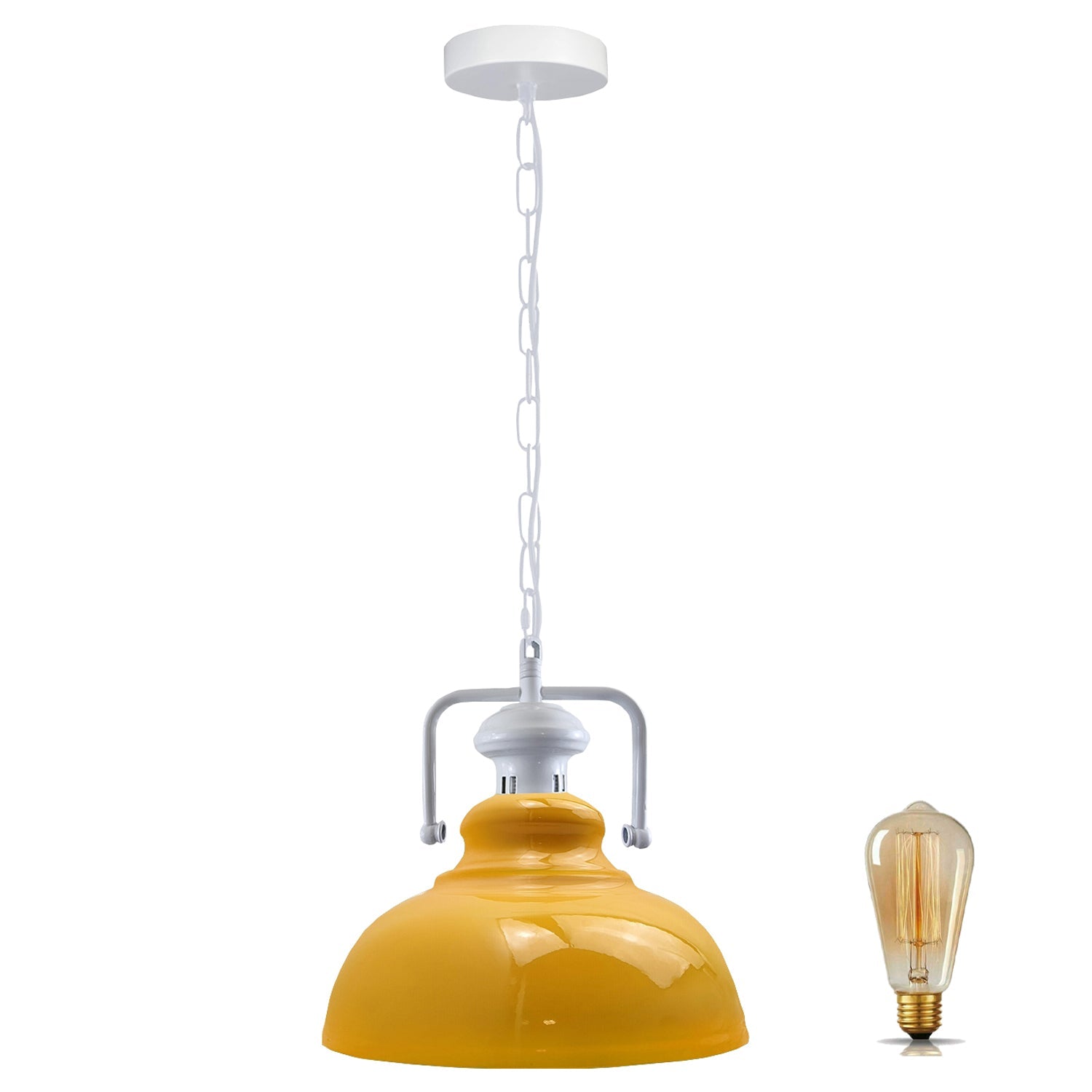 Stylish white metal barn pendant light with adjustable chain, perfect for indoor lighting.