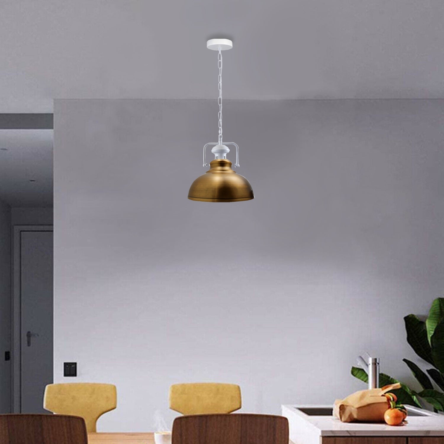 Stylish white metal barn pendant light with adjustable chain, perfect for indoor lighting.