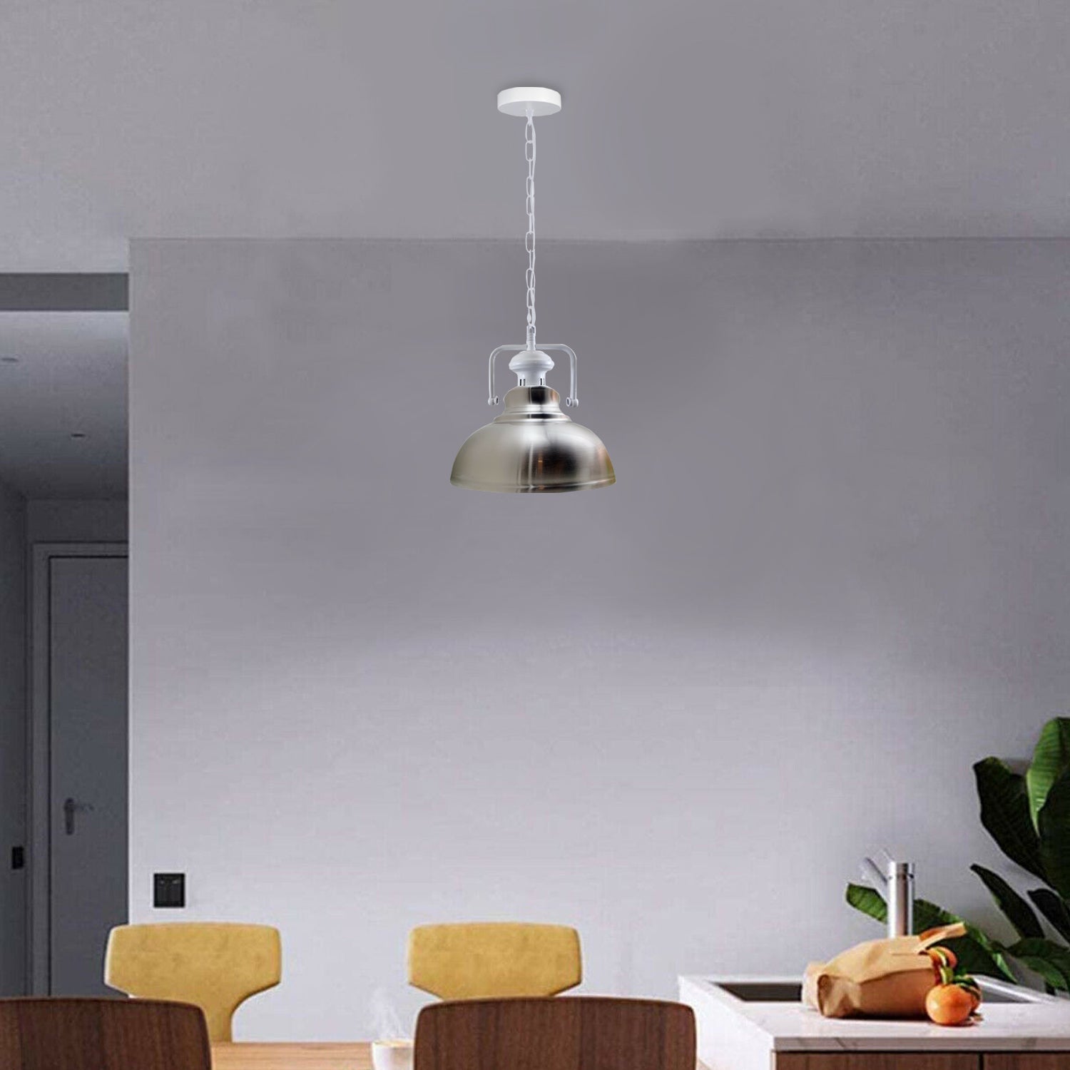 Stylish white metal barn pendant light with adjustable chain, perfect for indoor lighting.