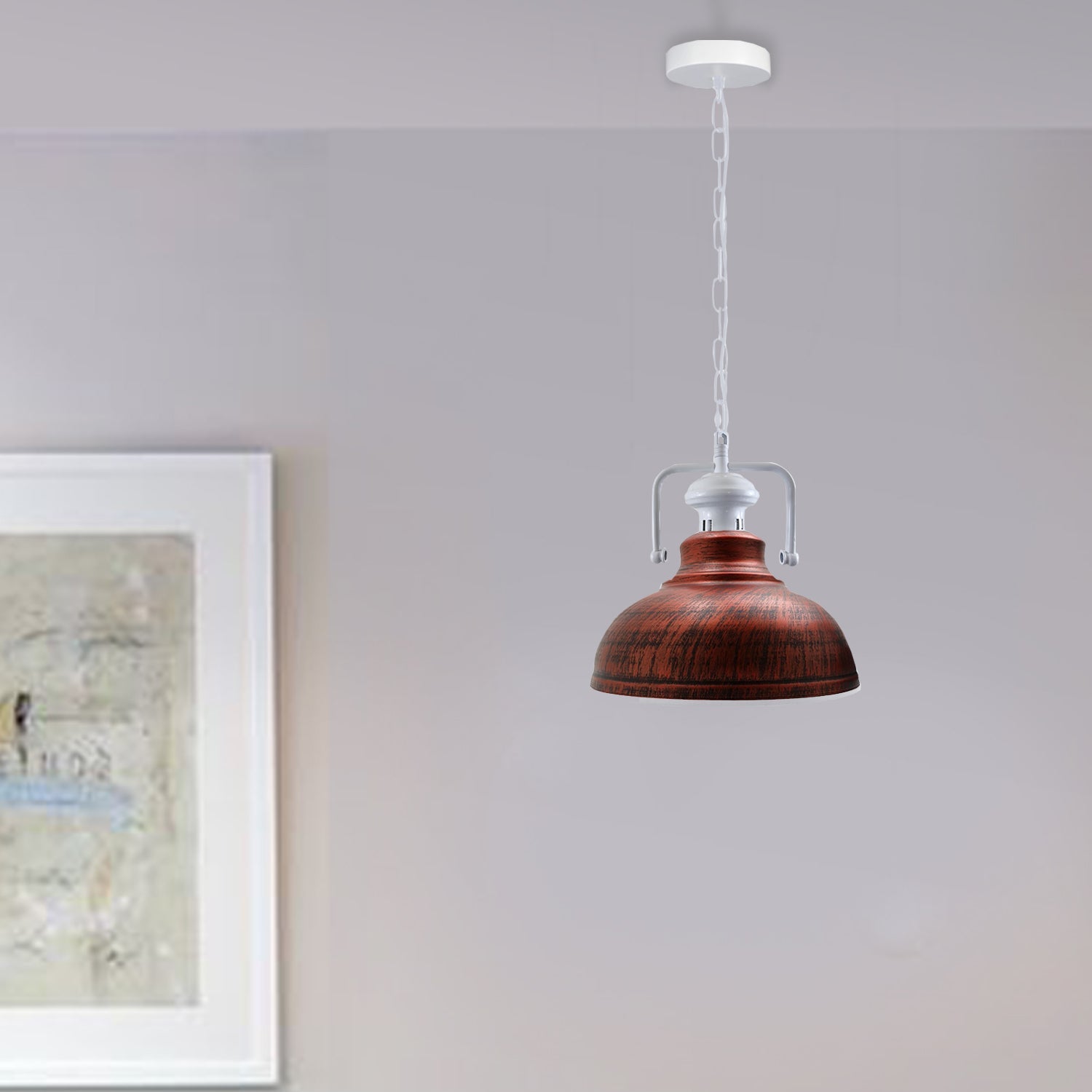 Stylish white metal barn pendant light with adjustable chain, perfect for indoor lighting.