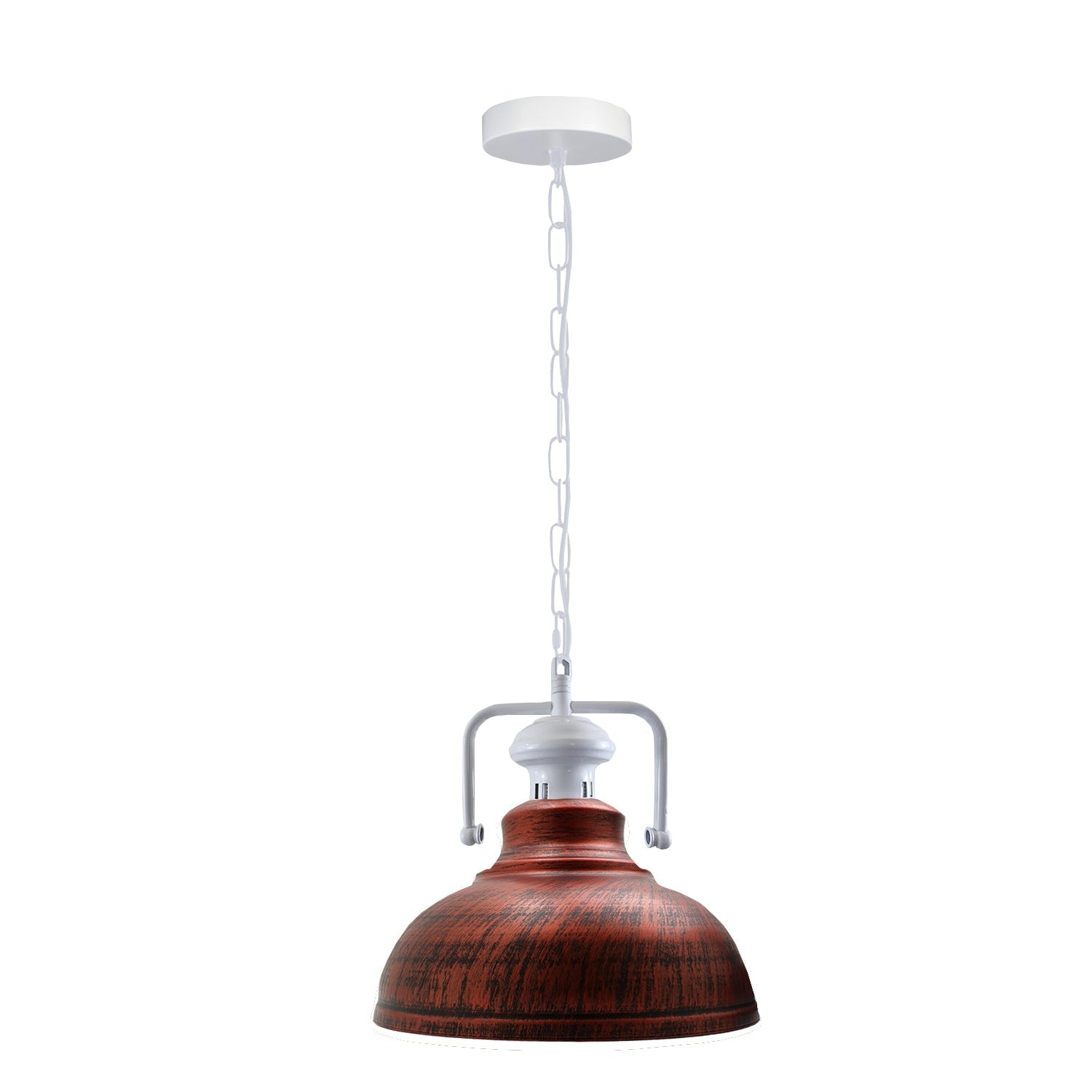 Stylish white metal barn pendant light with adjustable chain, perfect for indoor lighting.