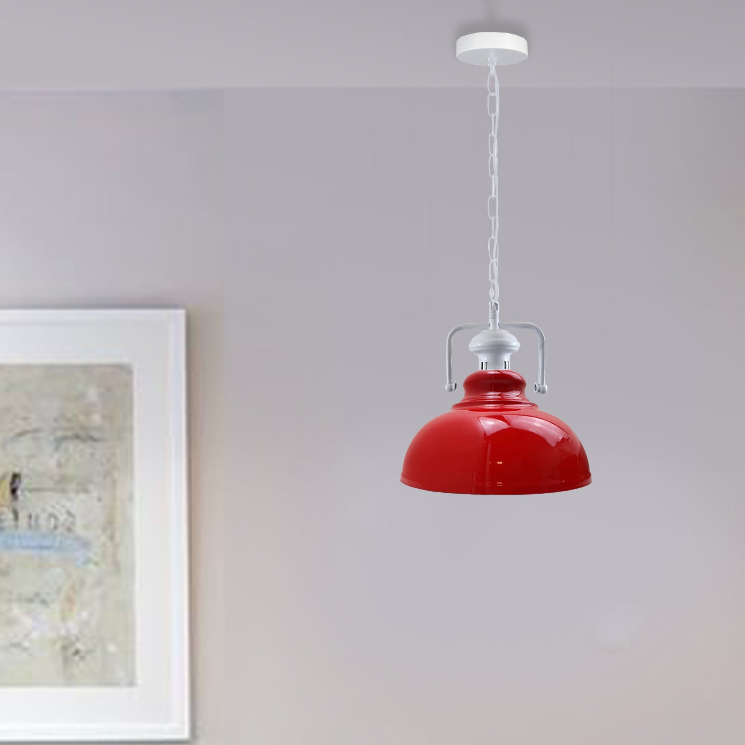 Stylish white metal barn pendant light with adjustable chain, perfect for indoor lighting.