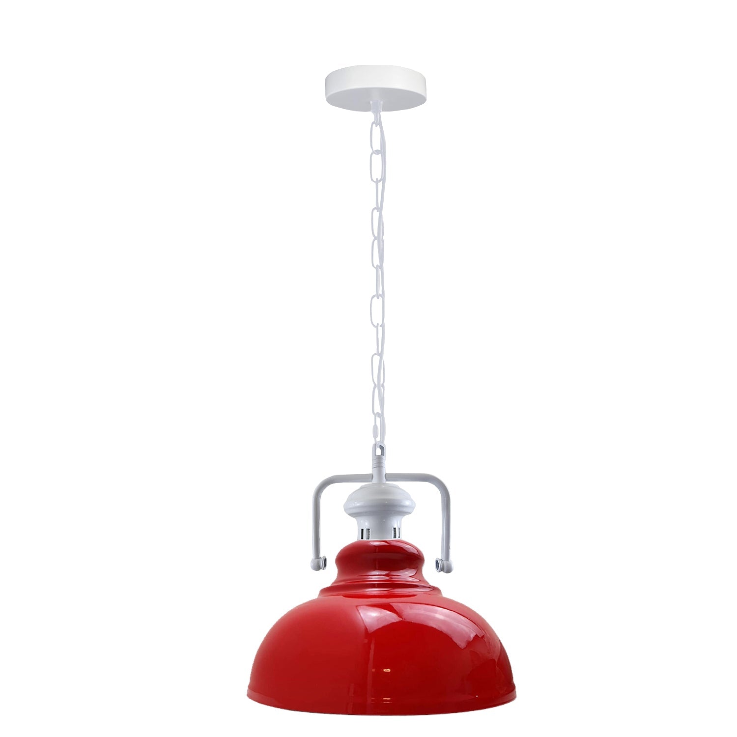 Stylish white metal barn pendant light with adjustable chain, perfect for indoor lighting.