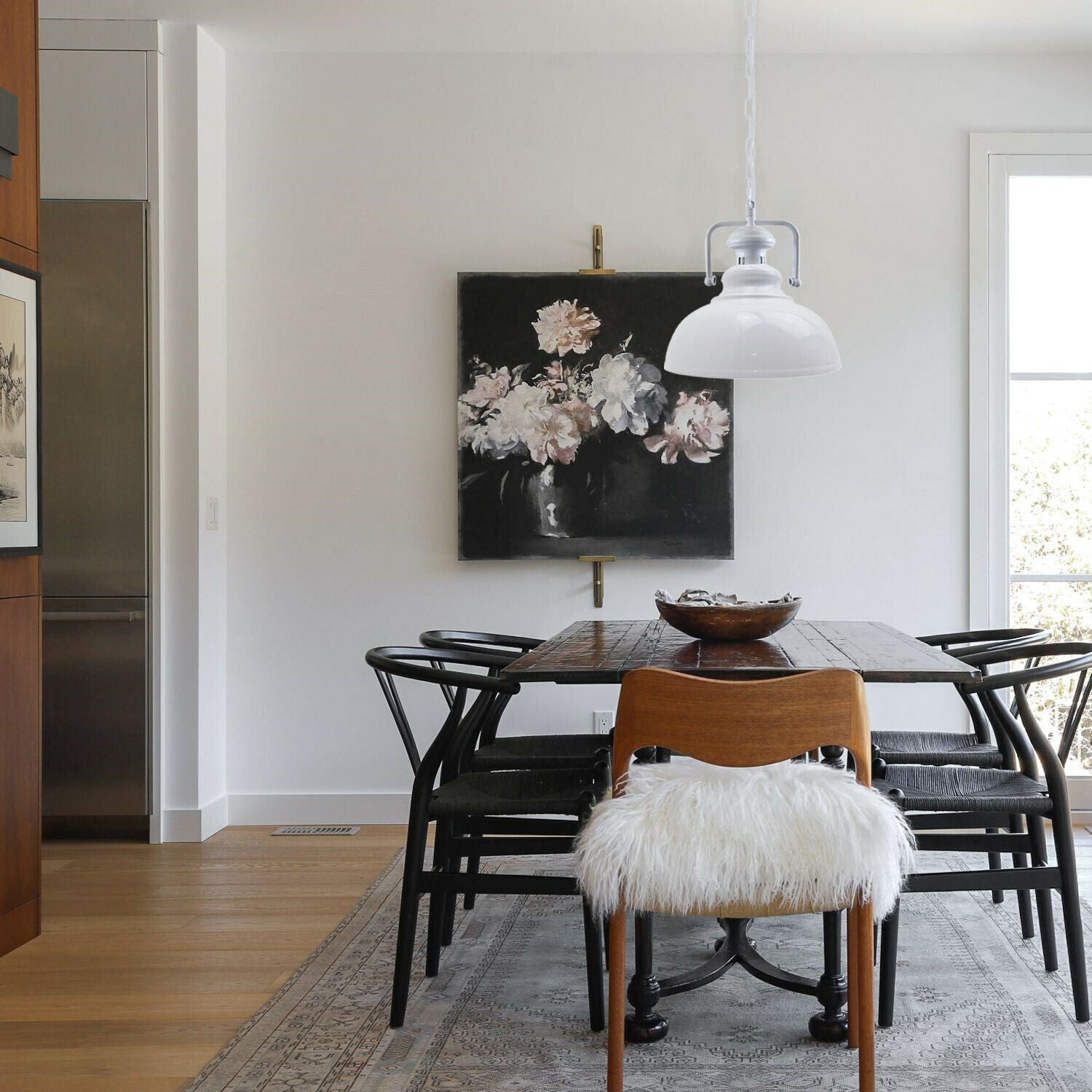 Stylish white metal barn pendant light with adjustable chain, perfect for indoor lighting.