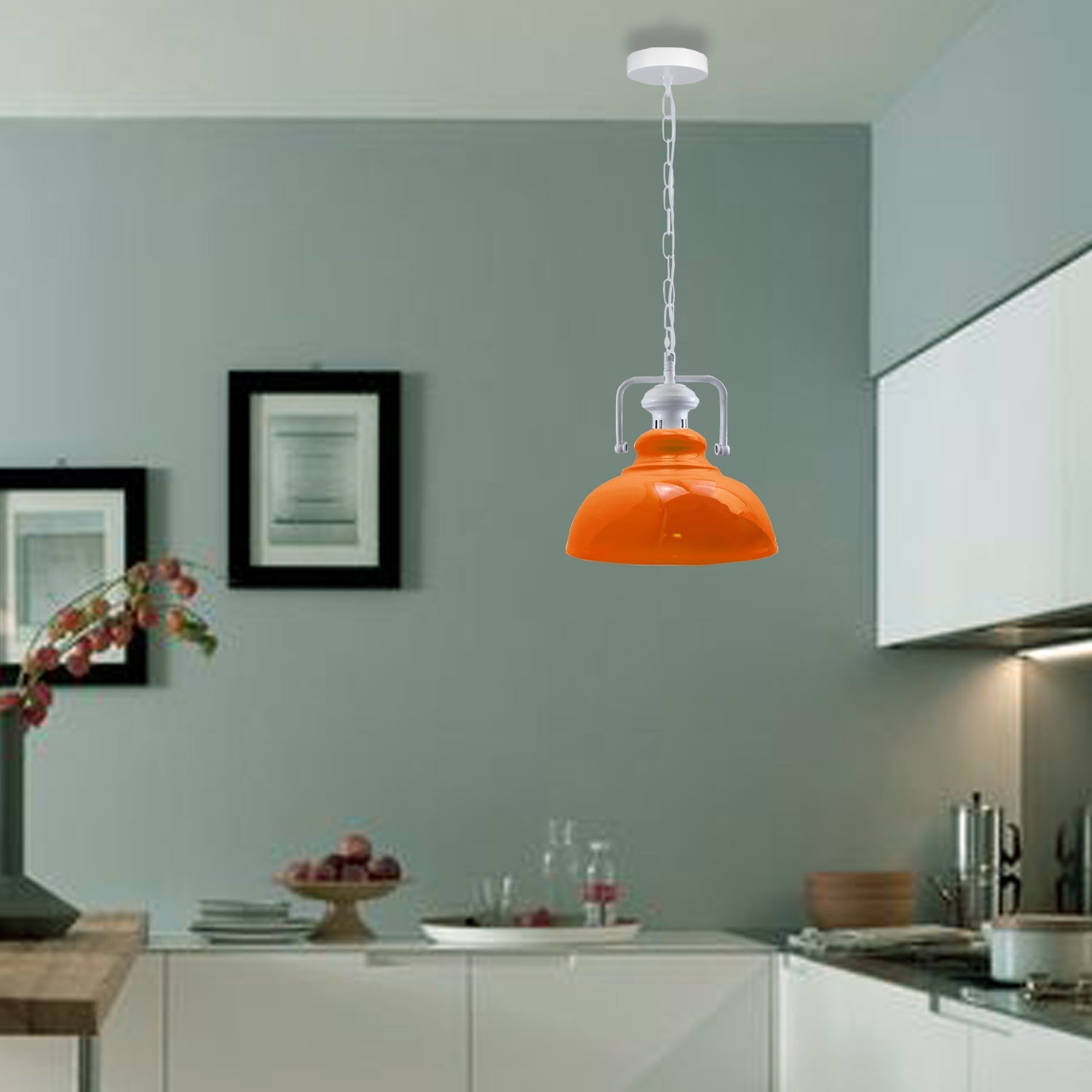 Stylish white metal barn pendant light with adjustable chain, perfect for indoor lighting.