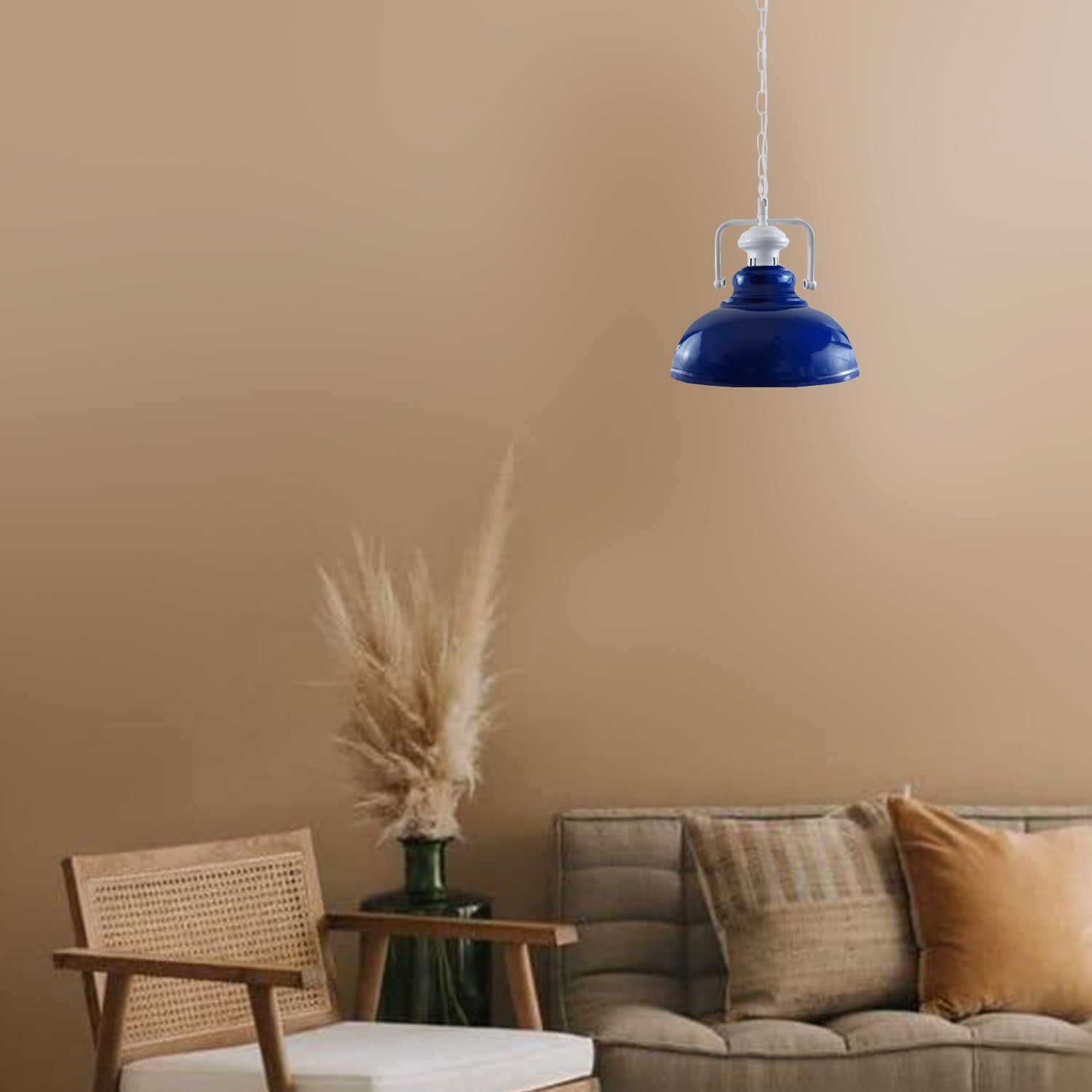 Stylish white metal barn pendant light with adjustable chain, perfect for indoor lighting.
