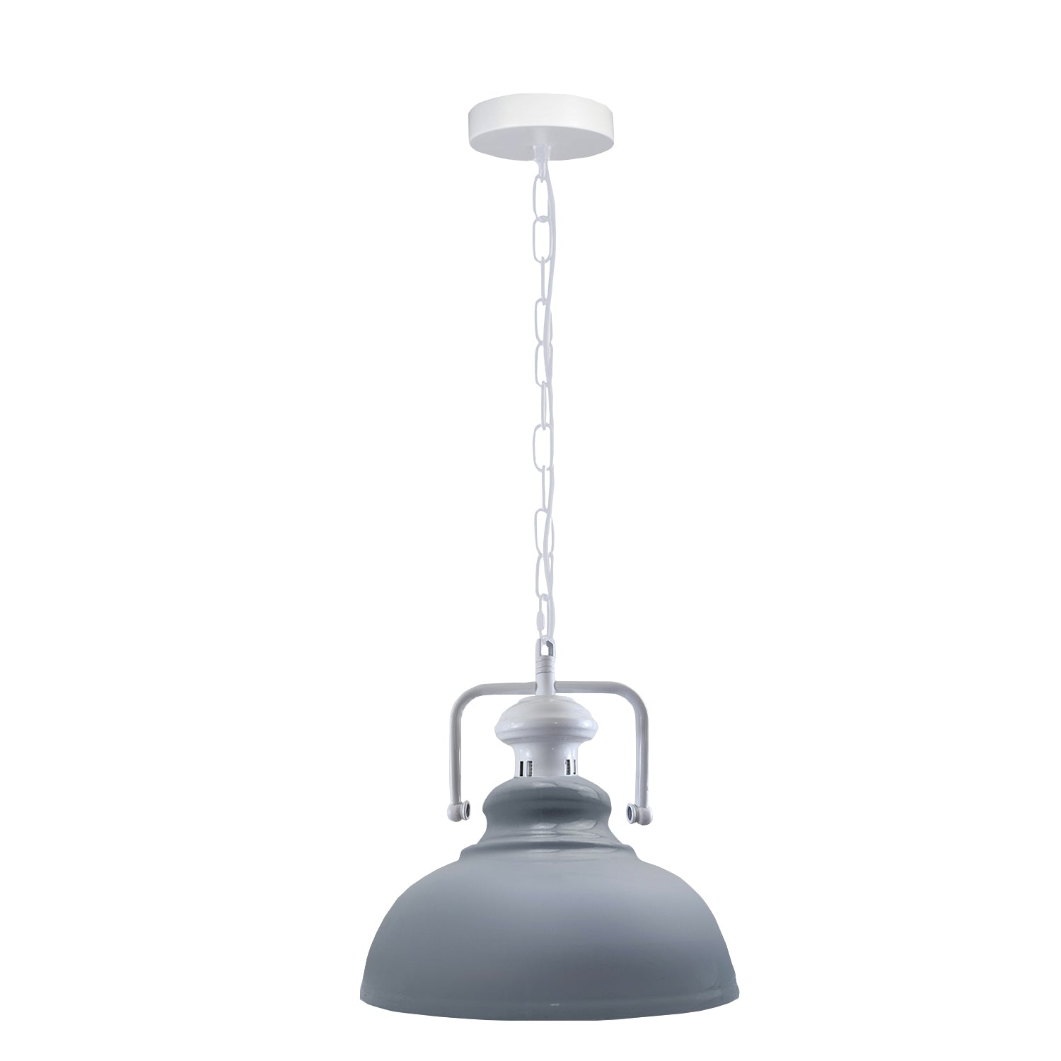 Stylish white metal barn pendant light with adjustable chain, perfect for indoor lighting.