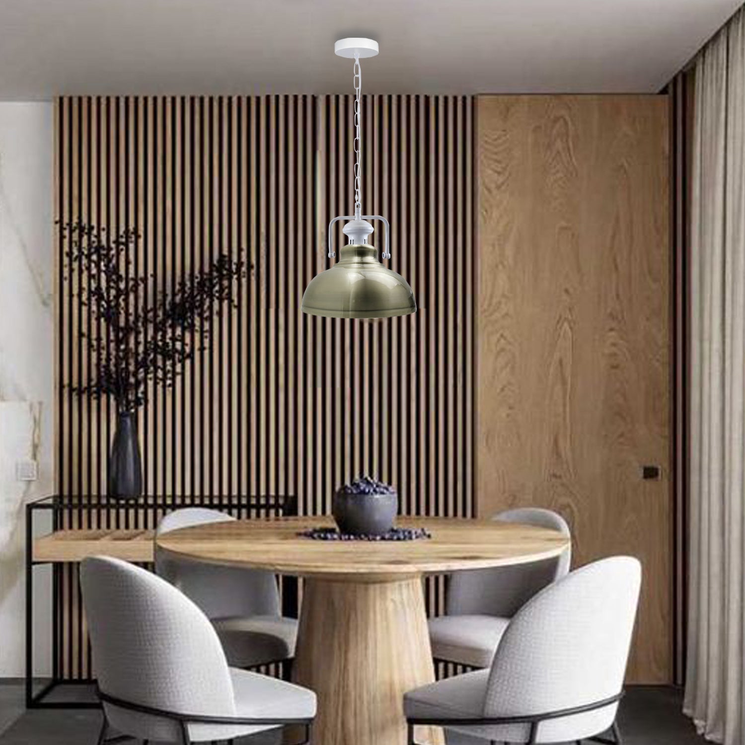 Stylish white metal barn pendant light with adjustable chain, perfect for indoor lighting.