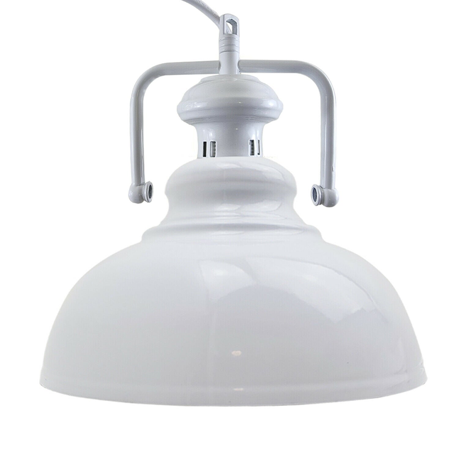 Stylish white metal barn pendant light with adjustable chain, perfect for indoor lighting.