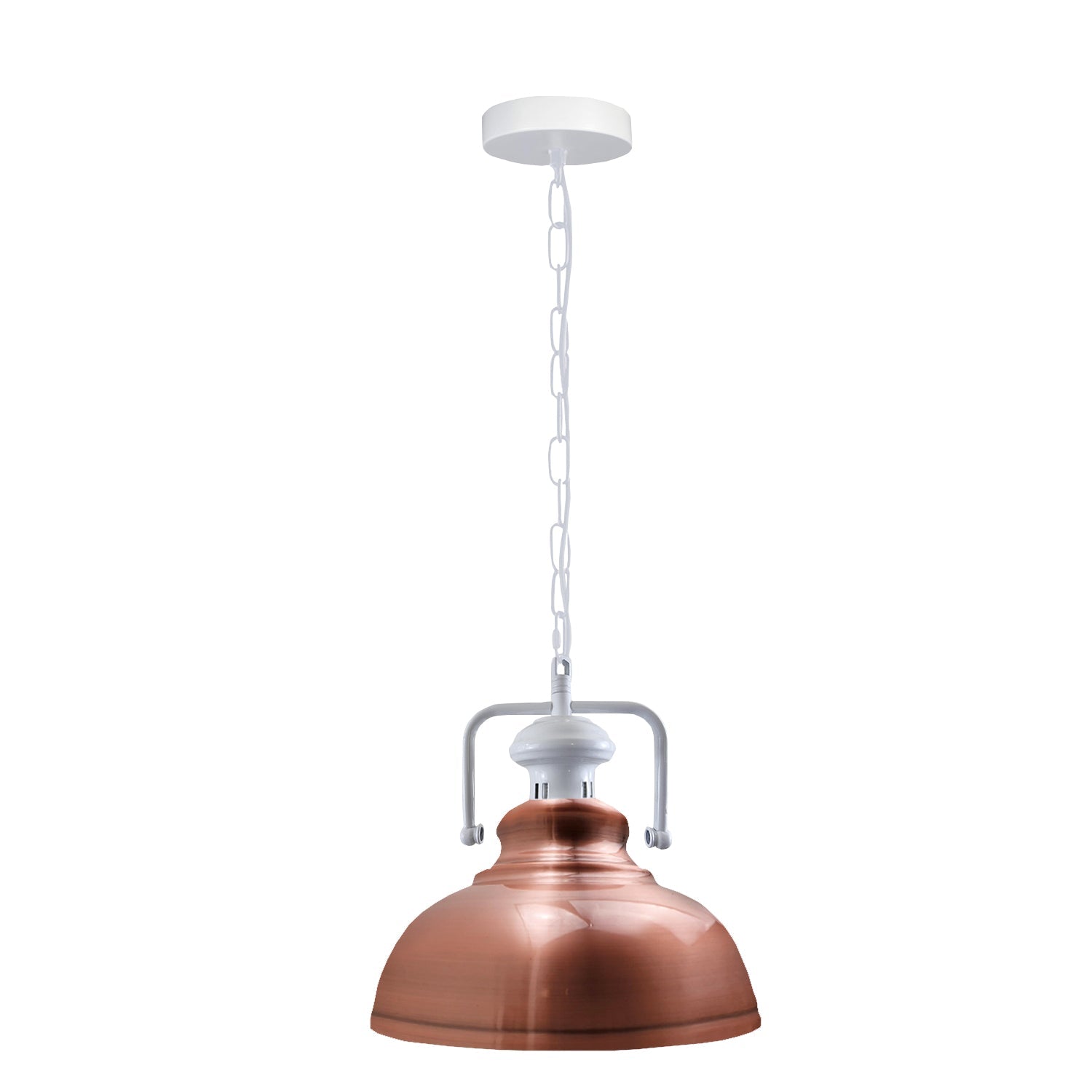 Stylish white metal barn pendant light with adjustable chain, perfect for indoor lighting.